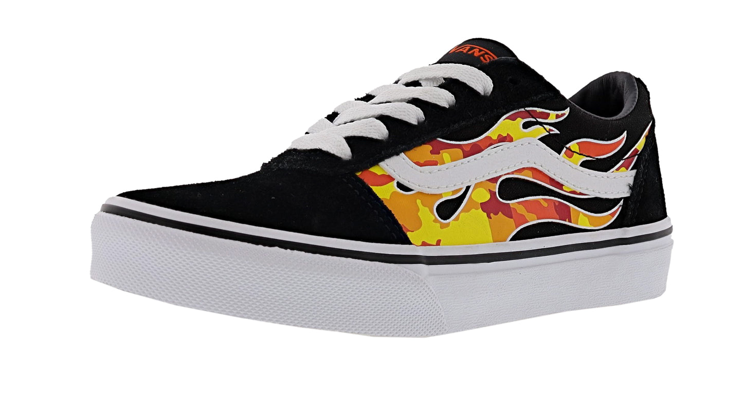 
                  
                    Lateral of Red, Orange and Yellow Flame Camo on Black/White Van Sneakers
                  
                