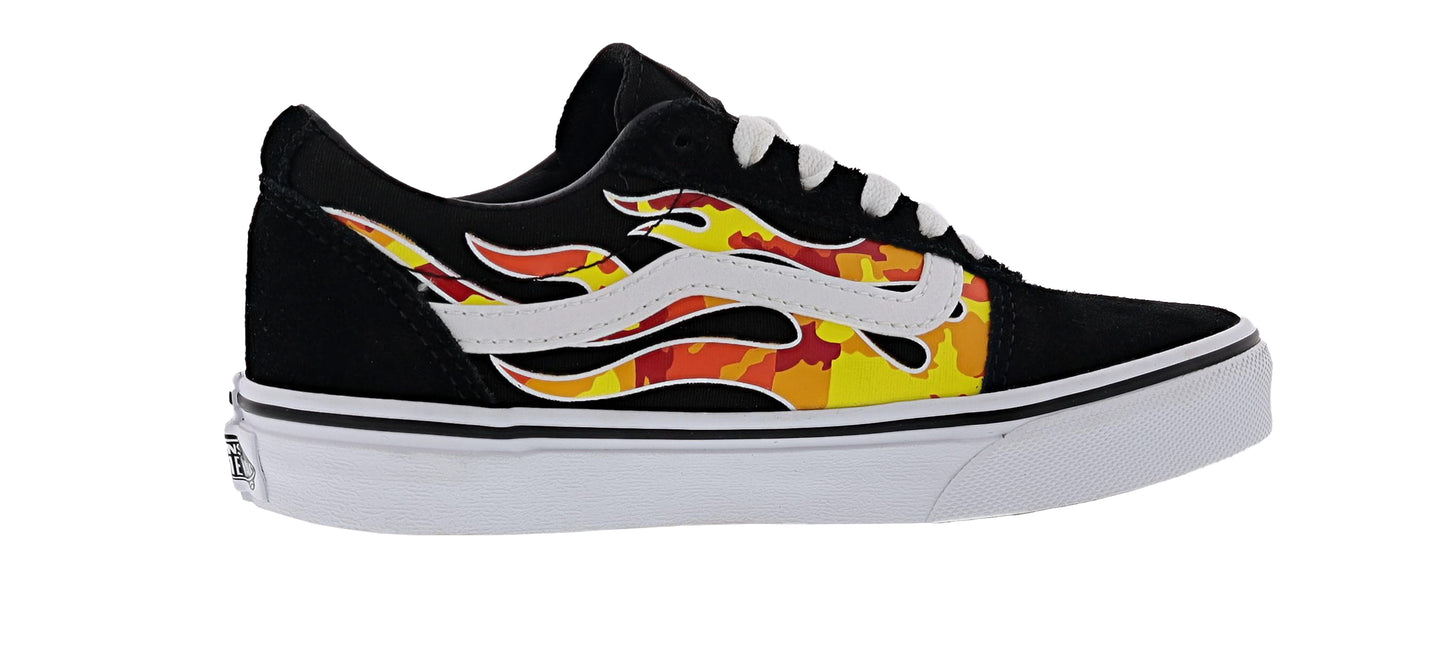 
                  
                    Medial of Red, Orange and Yellow Flame Camo on Black/White Van Sneakers
                  
                