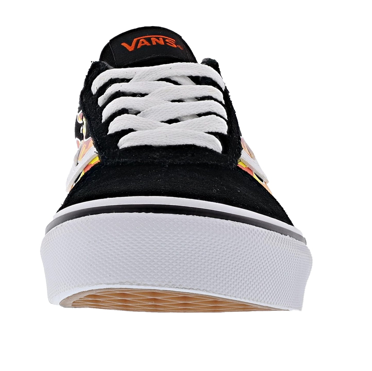 
                  
                    Front of Red, Orange and Yellow Flame Camo on Black/White Van Sneakers
                  
                