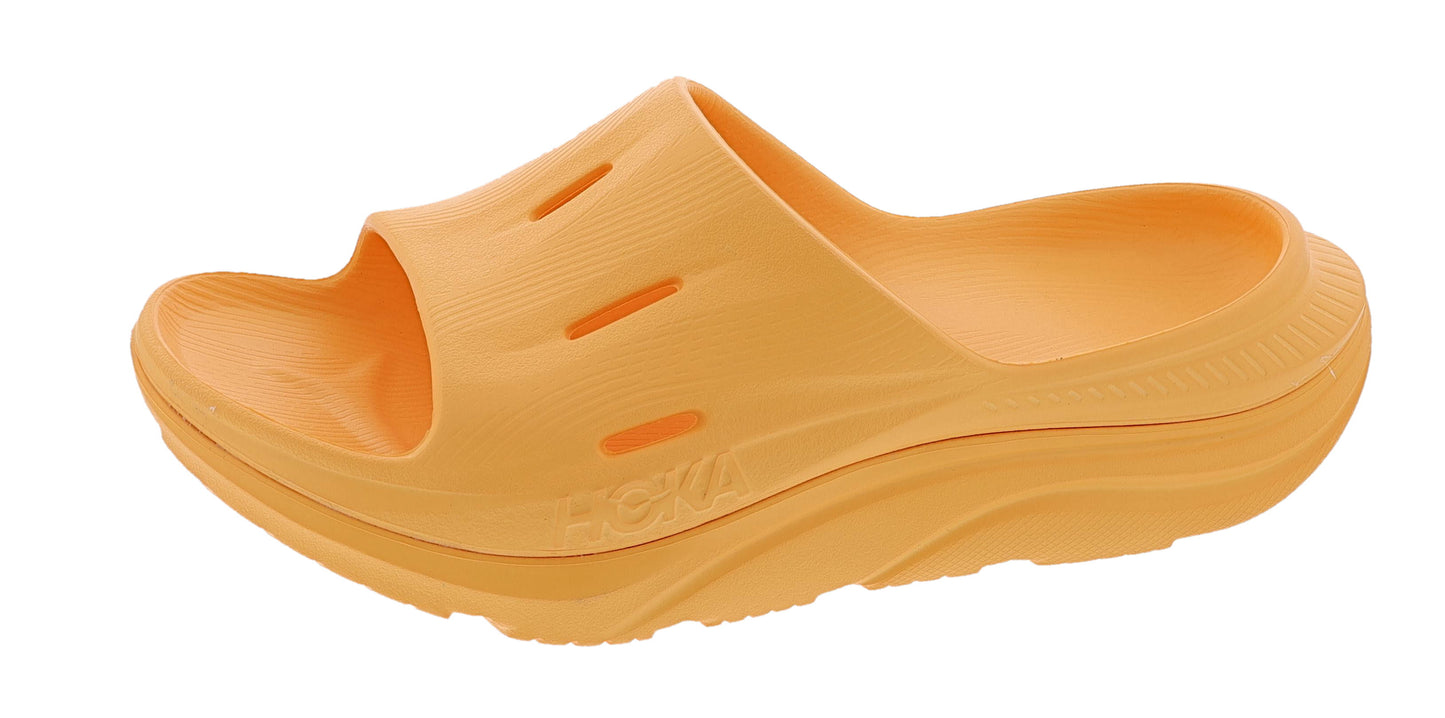 Lateral view of orange Hoka Unisex Ora Recovery Slide 3 Orthopedic Slides