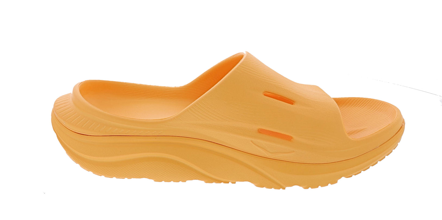 Lateral view of right foot orange Hoka Unisex Ora Recovery Slide 3 Orthopedic Slides
