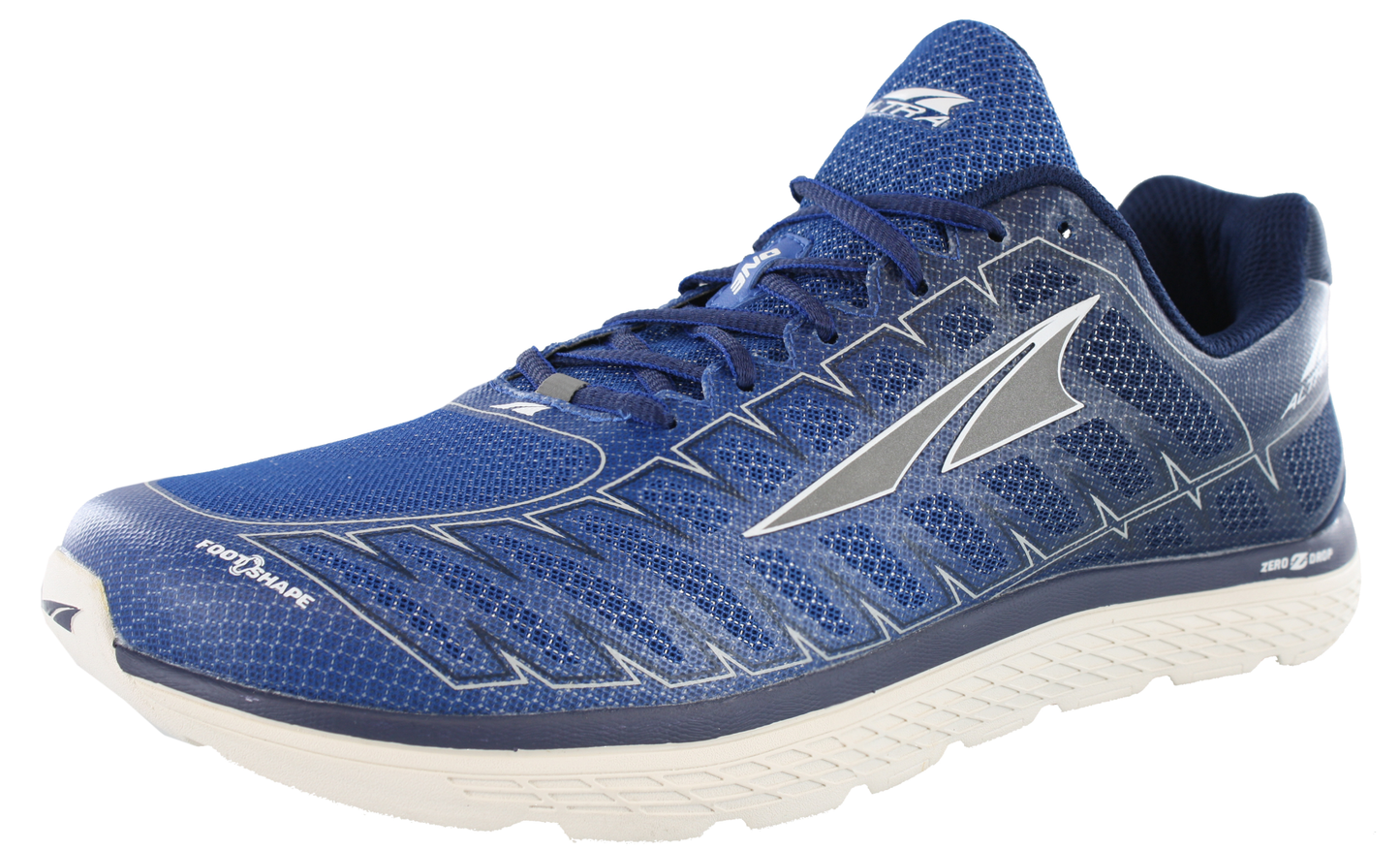 Lateral view of blue/grey Altra Men's One V3 Zero Drop Foot Shape Running Shoes