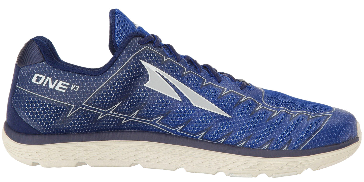 Medial view of  blue/grey Altra Men's One V3 Zero Drop Foot Shape Running Shoes