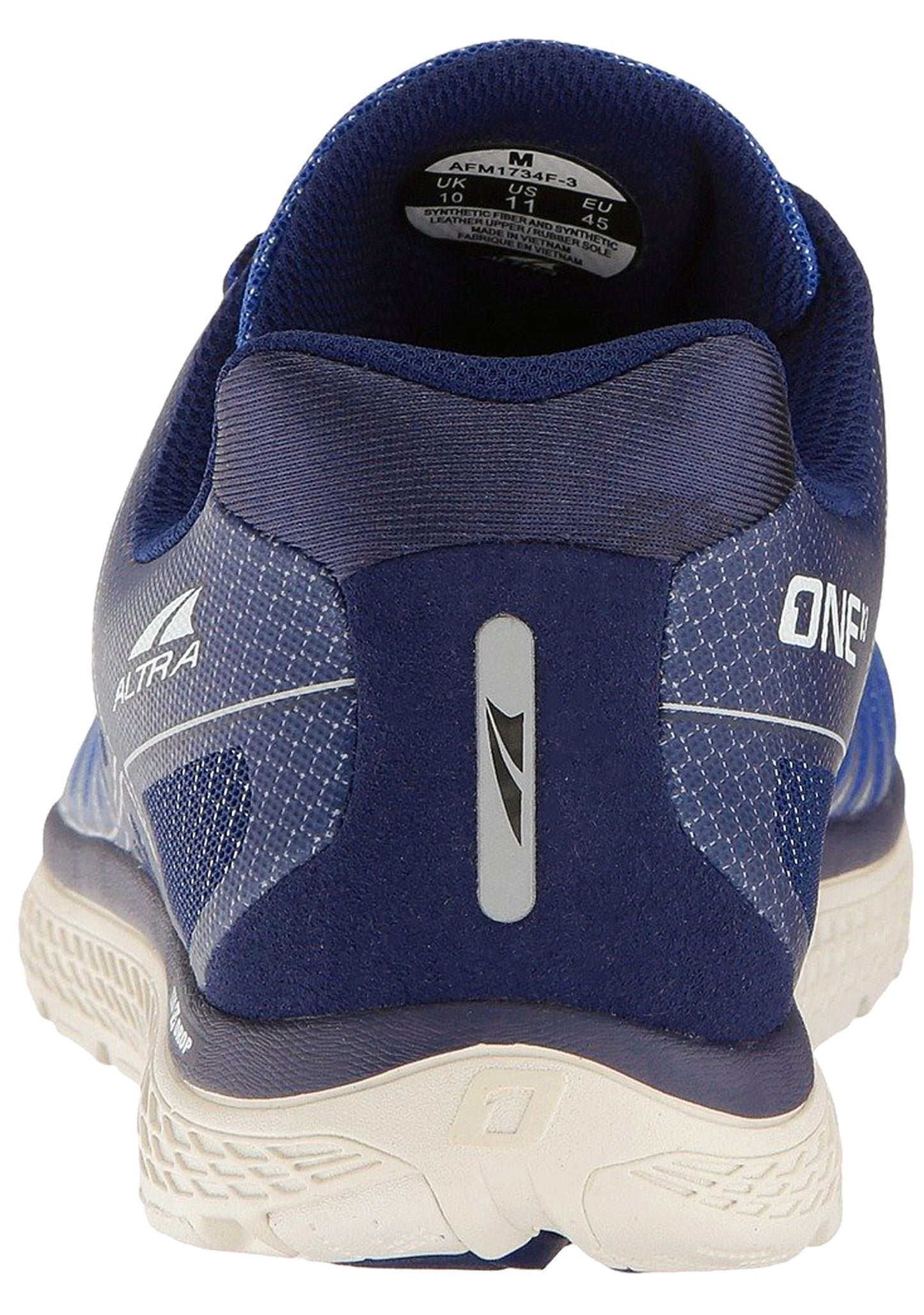 Back of  blue/grey Altra Men's One V3 Zero Drop Foot Shape Running Shoes