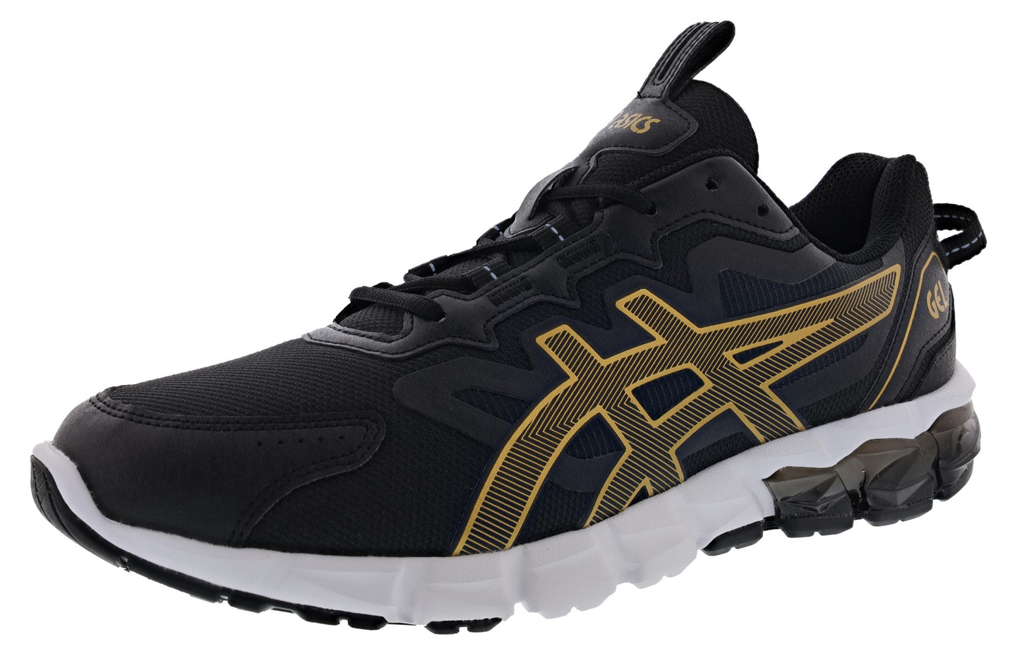 Lateral of Black/Pure Gold Asics Men's Gel Quantum 90 Lightweight Comfort Shoes
