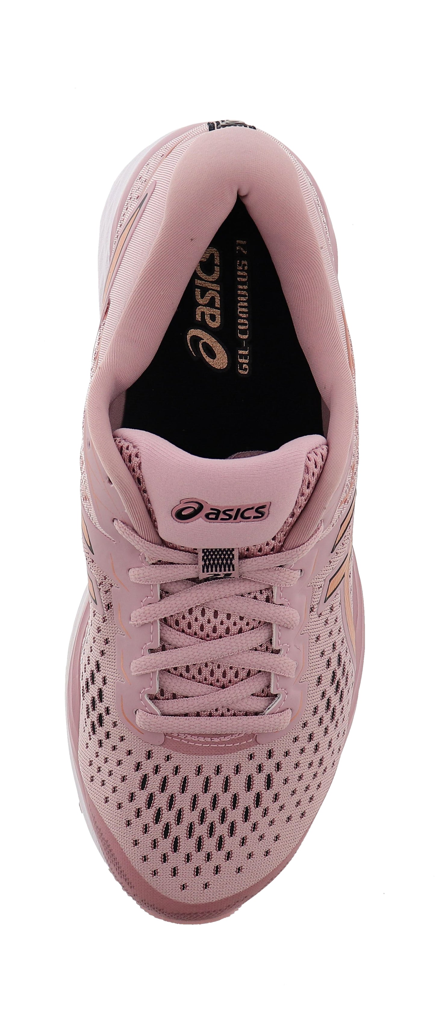 
                  
                    Top down of Lateral of Watershed Rose/Rose Gold ASICS Women Cushioned Running Shoes Cumulus 21
                  
                