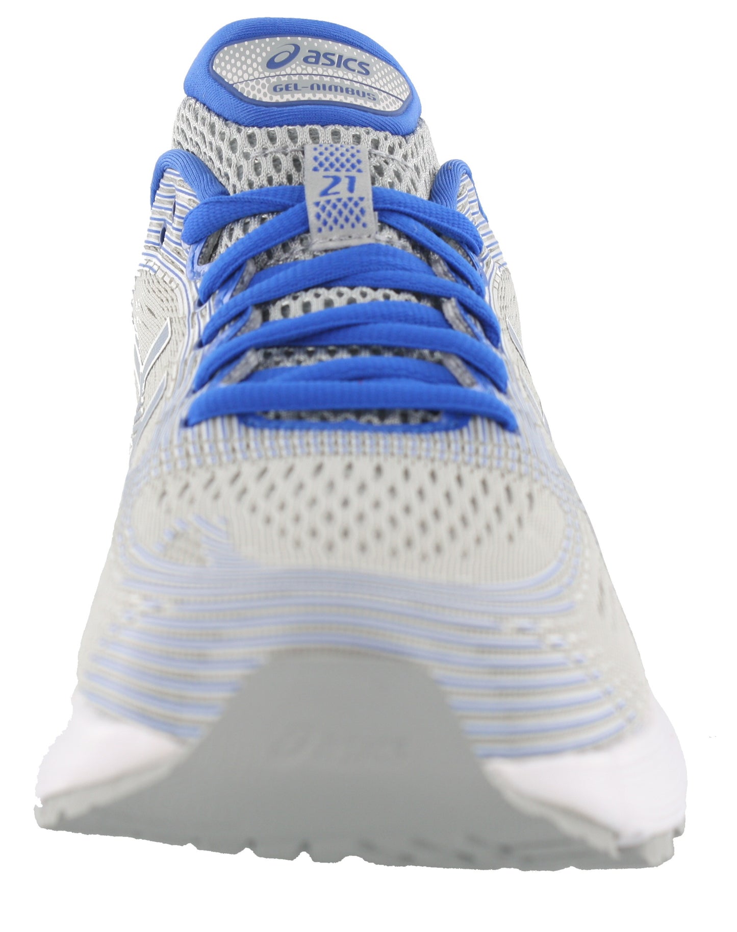 
                  
                    Front of Mid Grey/Illusion Blue ASICS Gel Nimbus 21 Lite Show Men's Running Shoes
                  
                