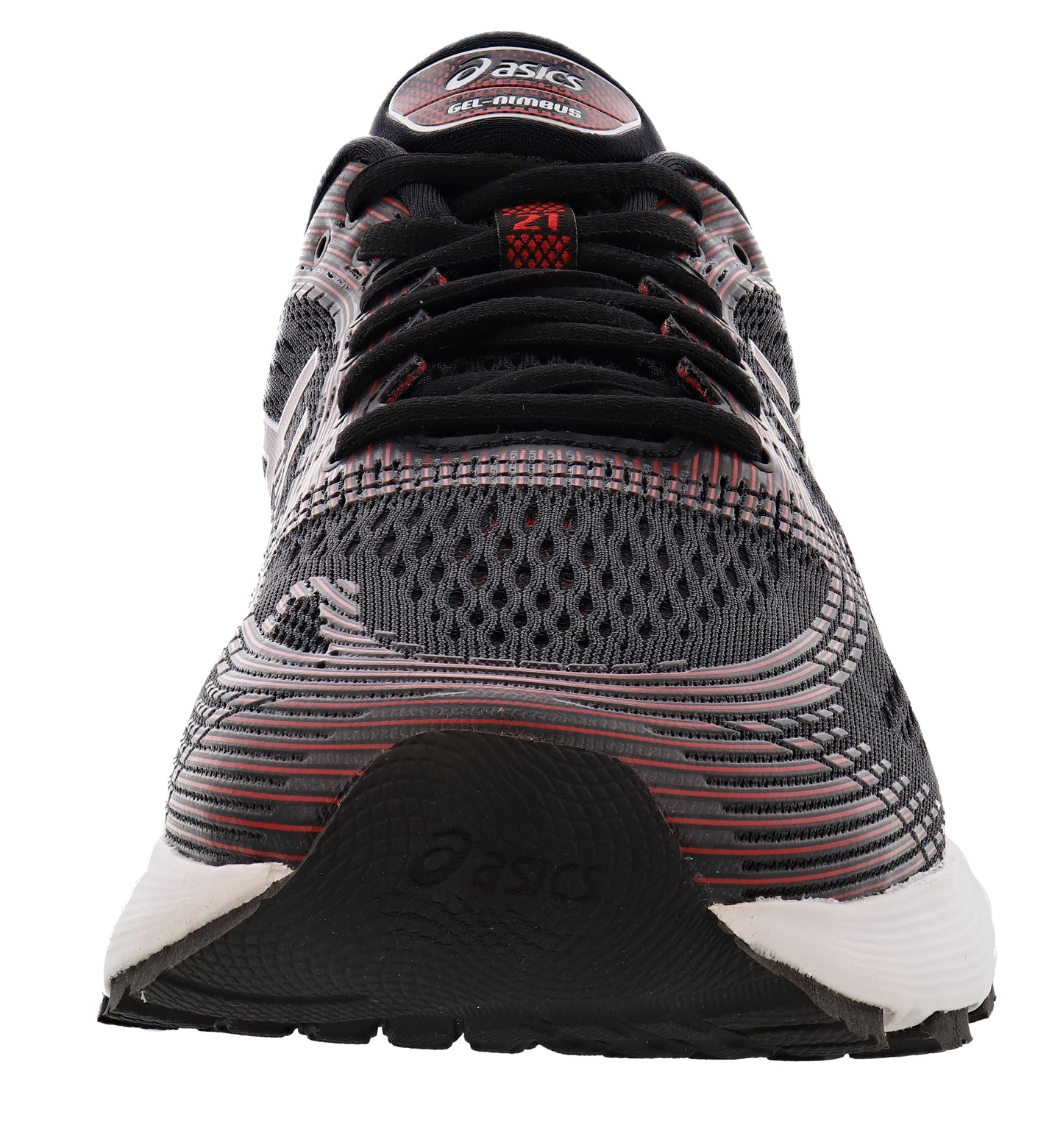 Front of Black/Red ASICS Men Walking Trail Cushioned Running Shoes Gel Nimbus 21