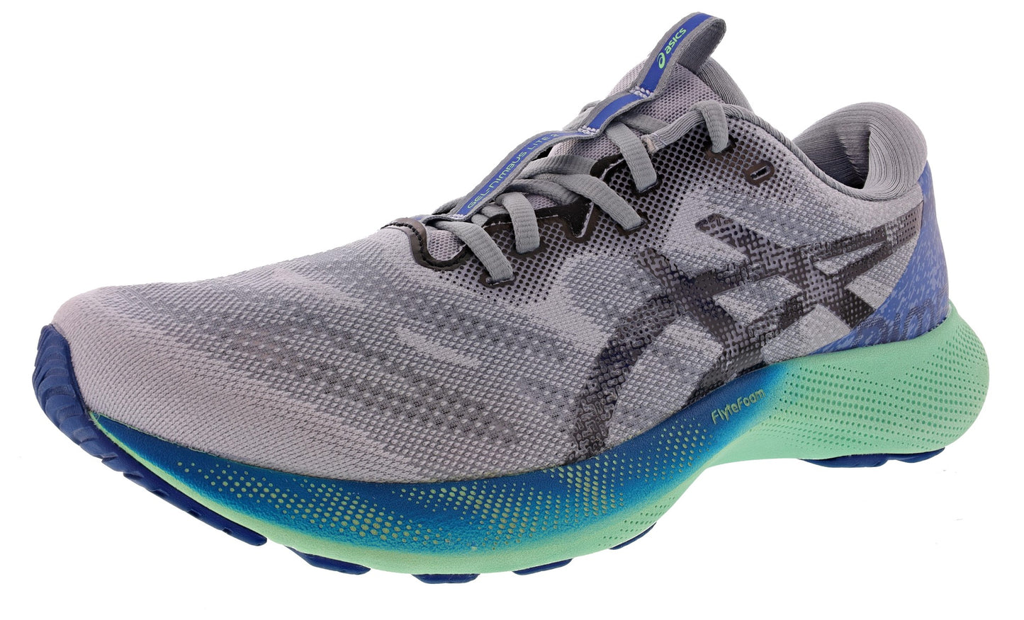 Lateral of Gray with Deep Sea Teal/Black ASICS Men's Gel Nimbus Lite 2 Soft Cushioning Running Shoes