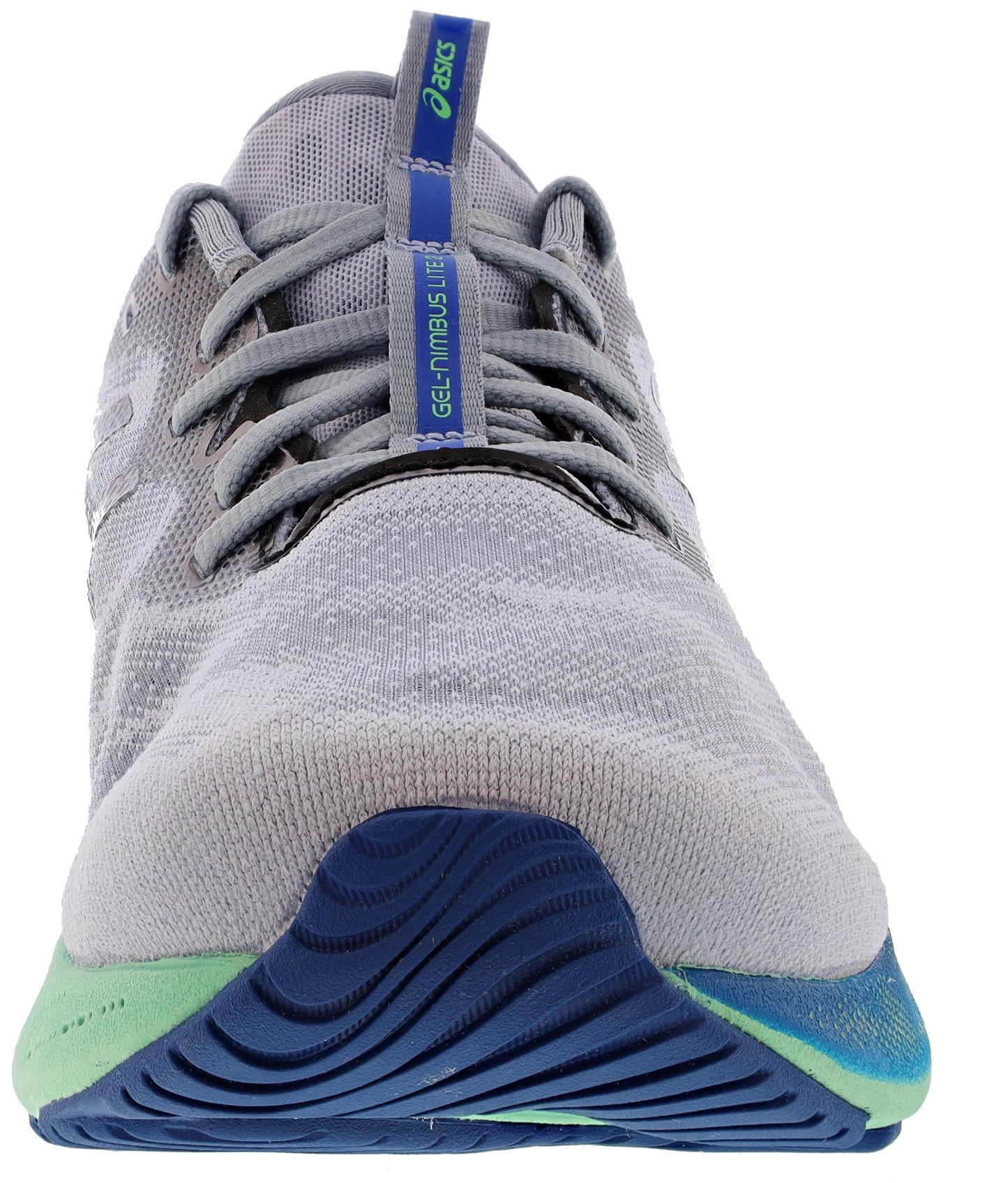 Front of Gray with Deep Sea Teal/Black ASICS Men's Gel Nimbus Lite 2 Soft Cushioning Running Shoes
