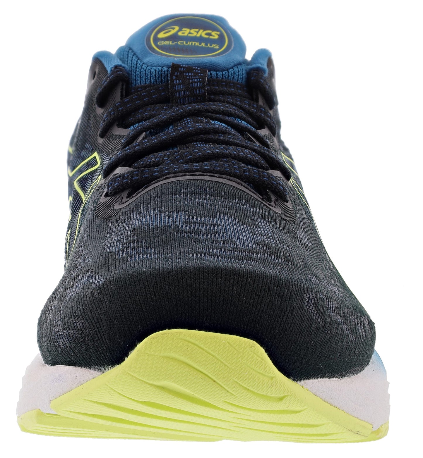 Front of Black/Glow Yellow ASICS Men's Gel Cumulus 23 Cushioned Running Shoes