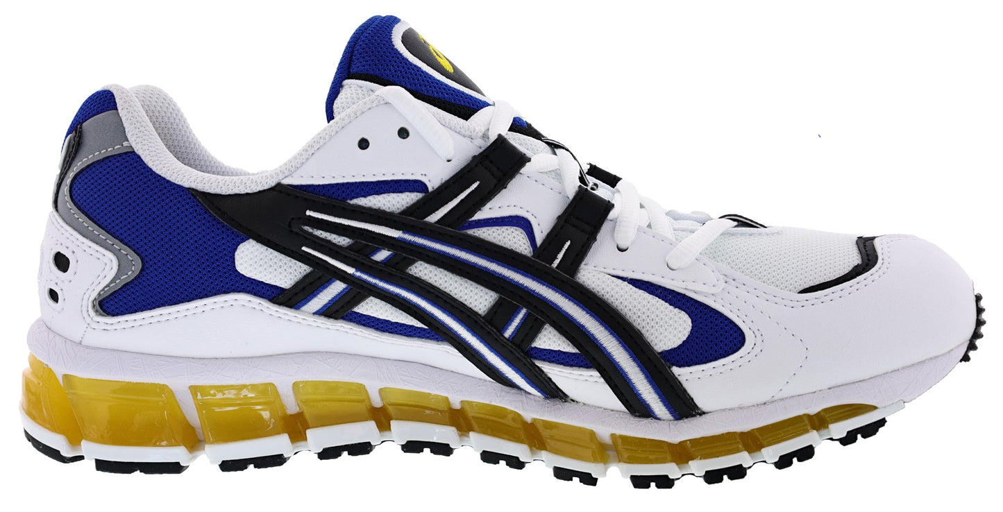 Medial of White with Black and Blue accents ASICS Men's Cushioned Running Shoes Gel Kayano 5 360