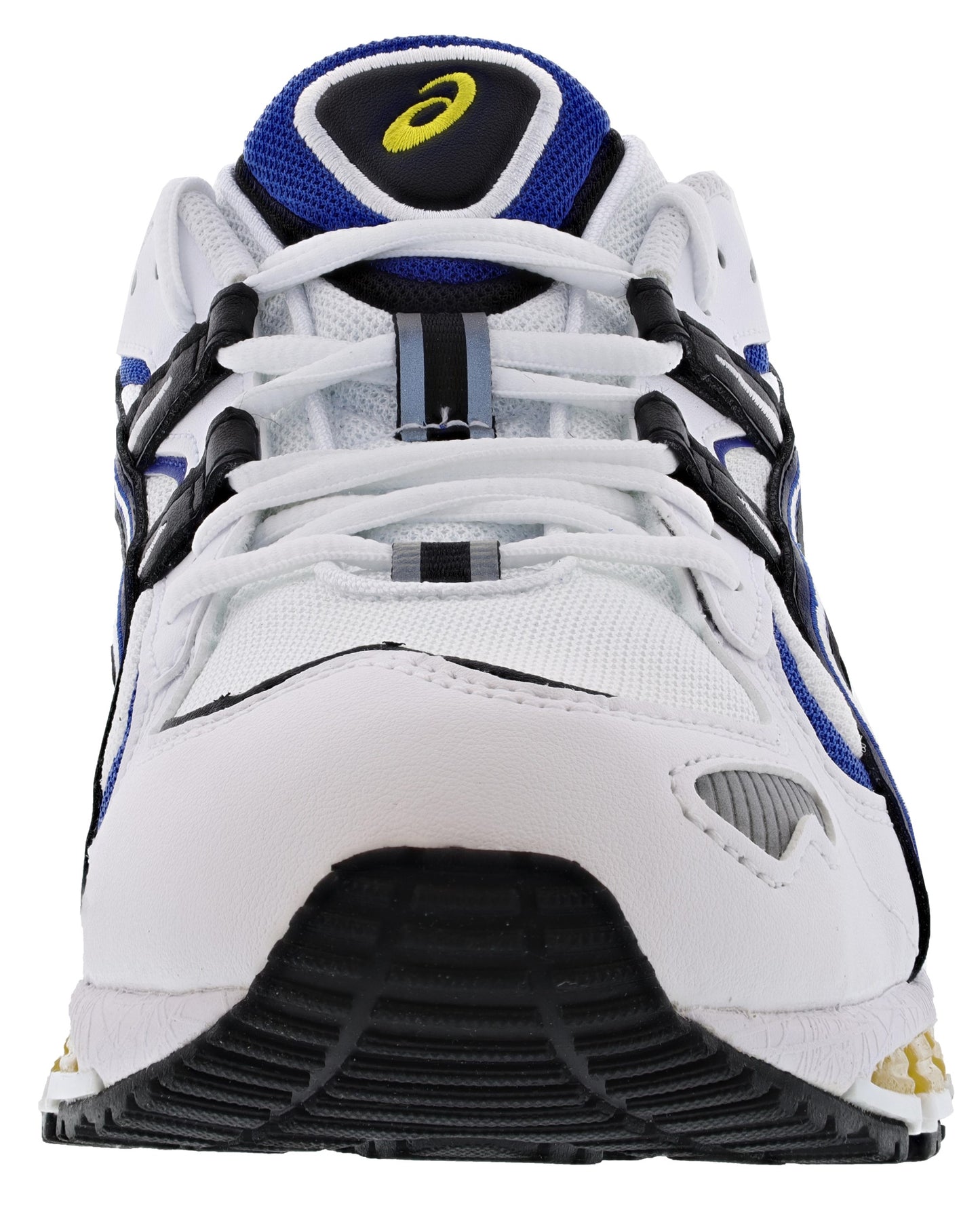 Front of White with Black and Blue accents ASICS Men's Cushioned Running Shoes Gel Kayano 5 360