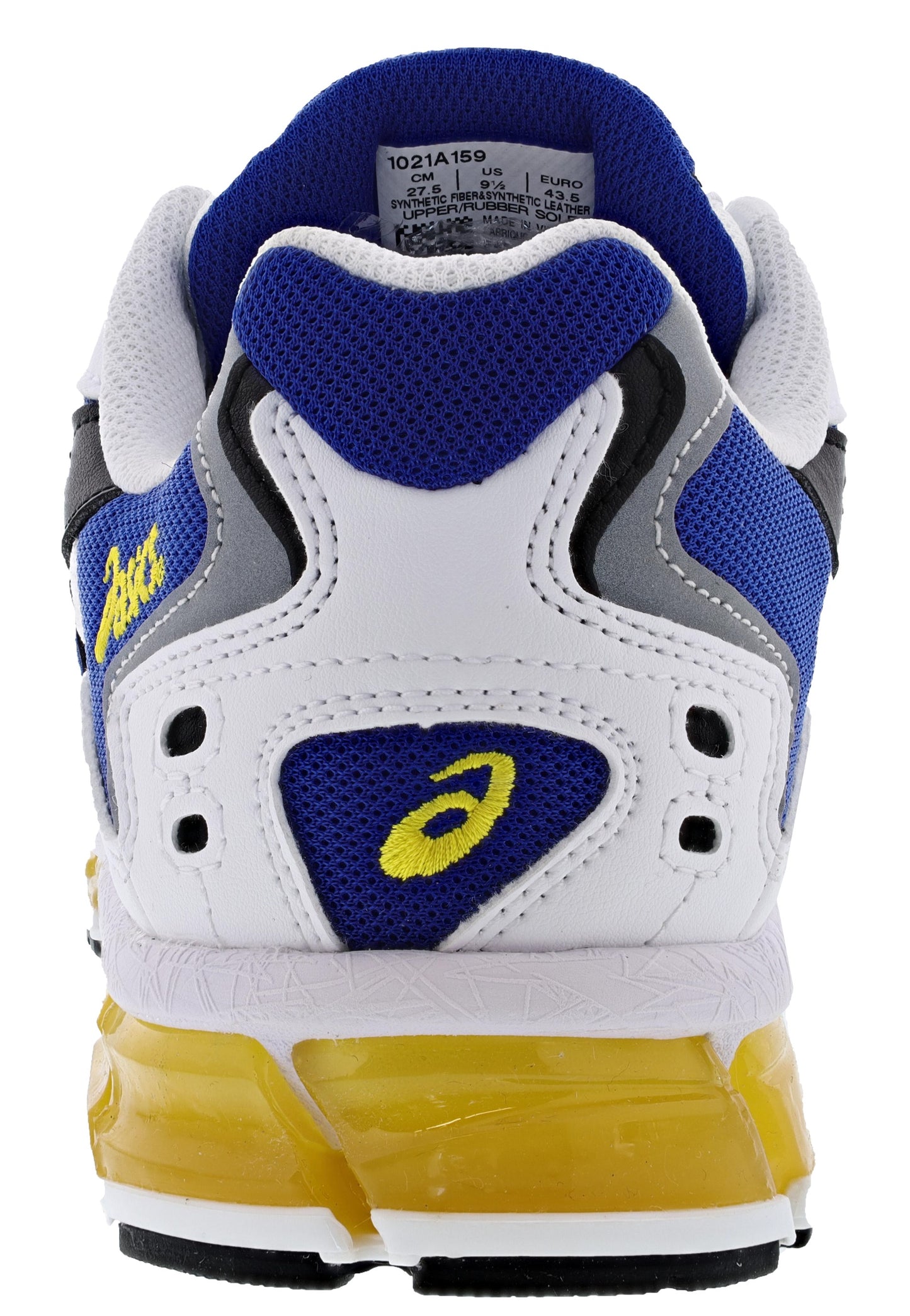Back of White with Black and Blue accents ASICS Men's Cushioned Running Shoes Gel Kayano 5 360