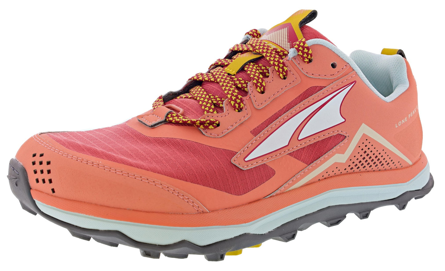 Lateral view of rose/coral Altra Lone Peak 5 All Weather Lightweight Trail Running Shoes Women's