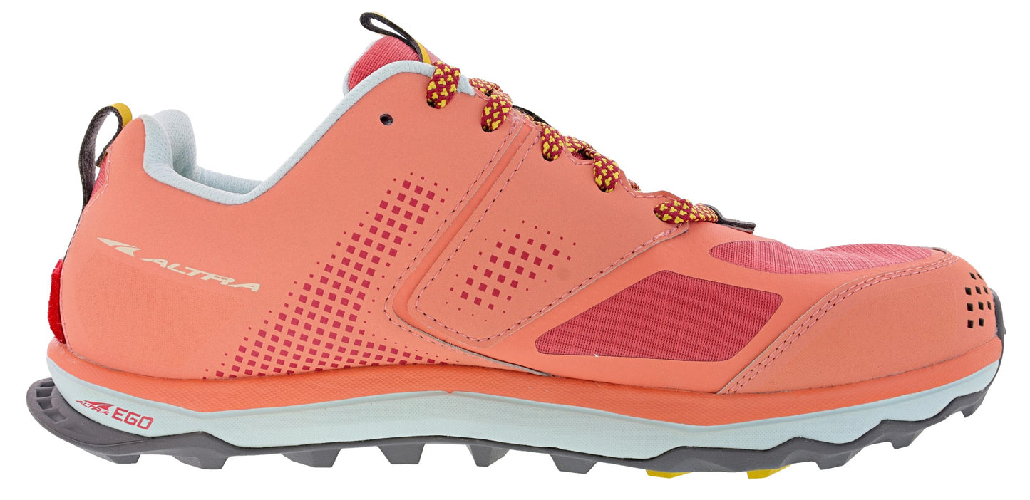 Medial view of rose/coral Altra Lone Peak 5 All Weather Lightweight Trail Running Shoes Women's