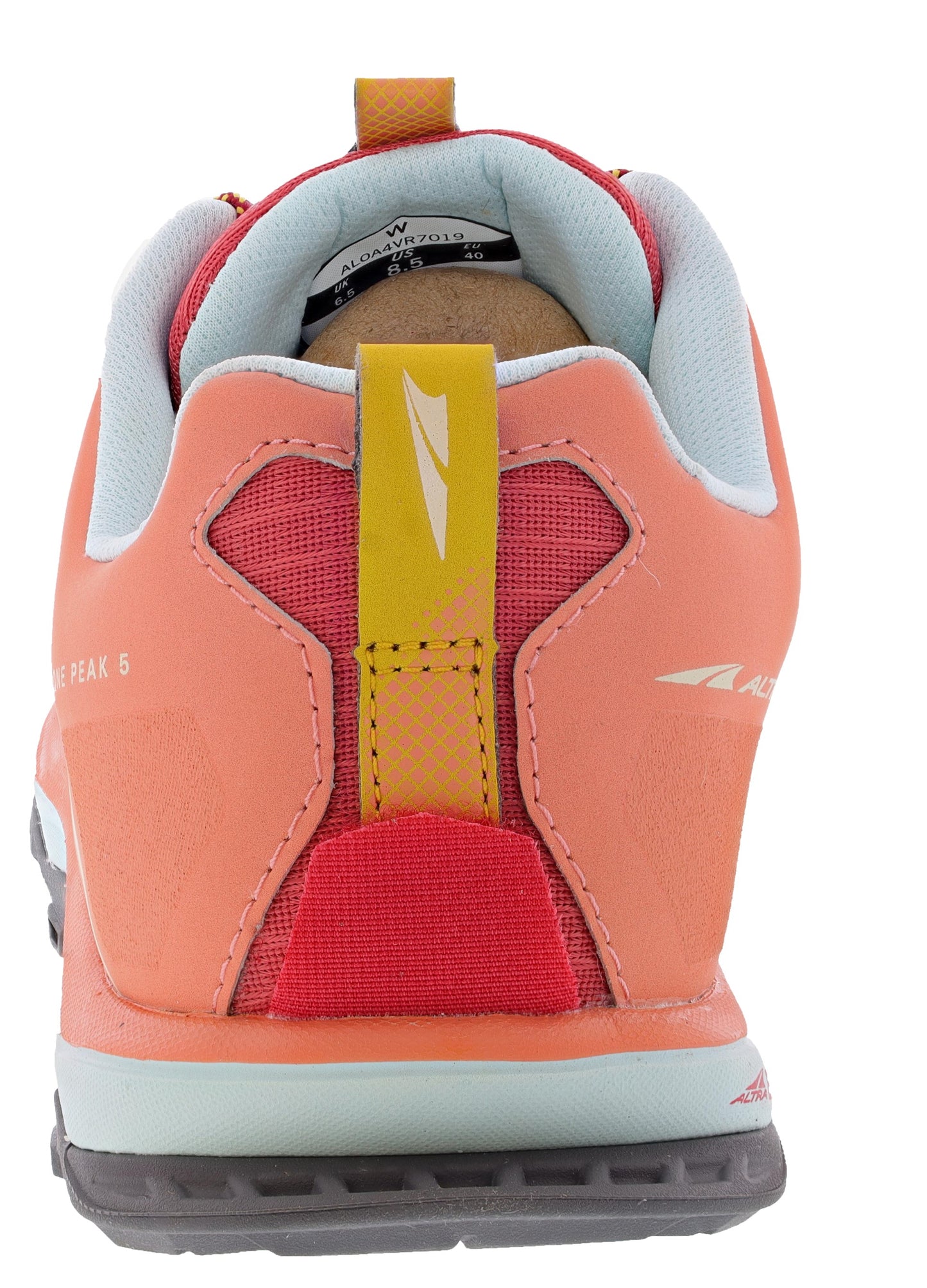Back of  rose/coral Altra Lone Peak 5 All Weather Lightweight Trail Running Shoes Women's