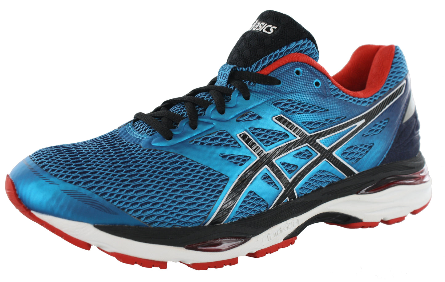 Lateral of Imperial blue with black, white, and vermillion red accents ASICS Men Walking Trail Cushioned Running Shoes Cumulus 18
