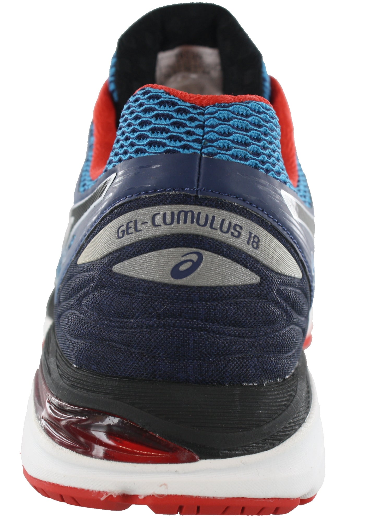 
                  
                    Back of Imperial blue with black, white, and vermillion red accents ASICS Men Walking Trail Cushioned Running Shoes Cumulus 18
                  
                