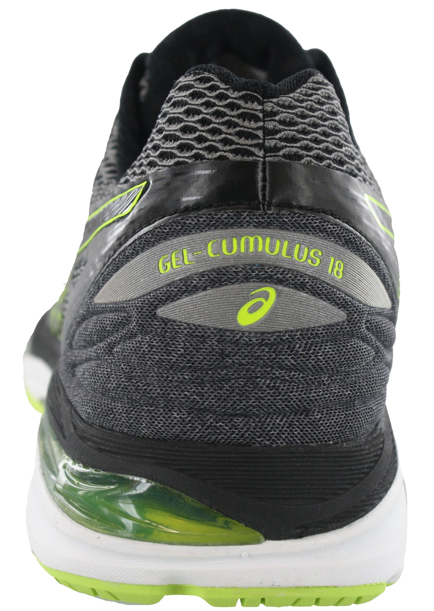 
                  
                    Back of Gray with yellow and black accents ASICS Men Walking Trail Cushioned Running Shoes Cumulus 18
                  
                