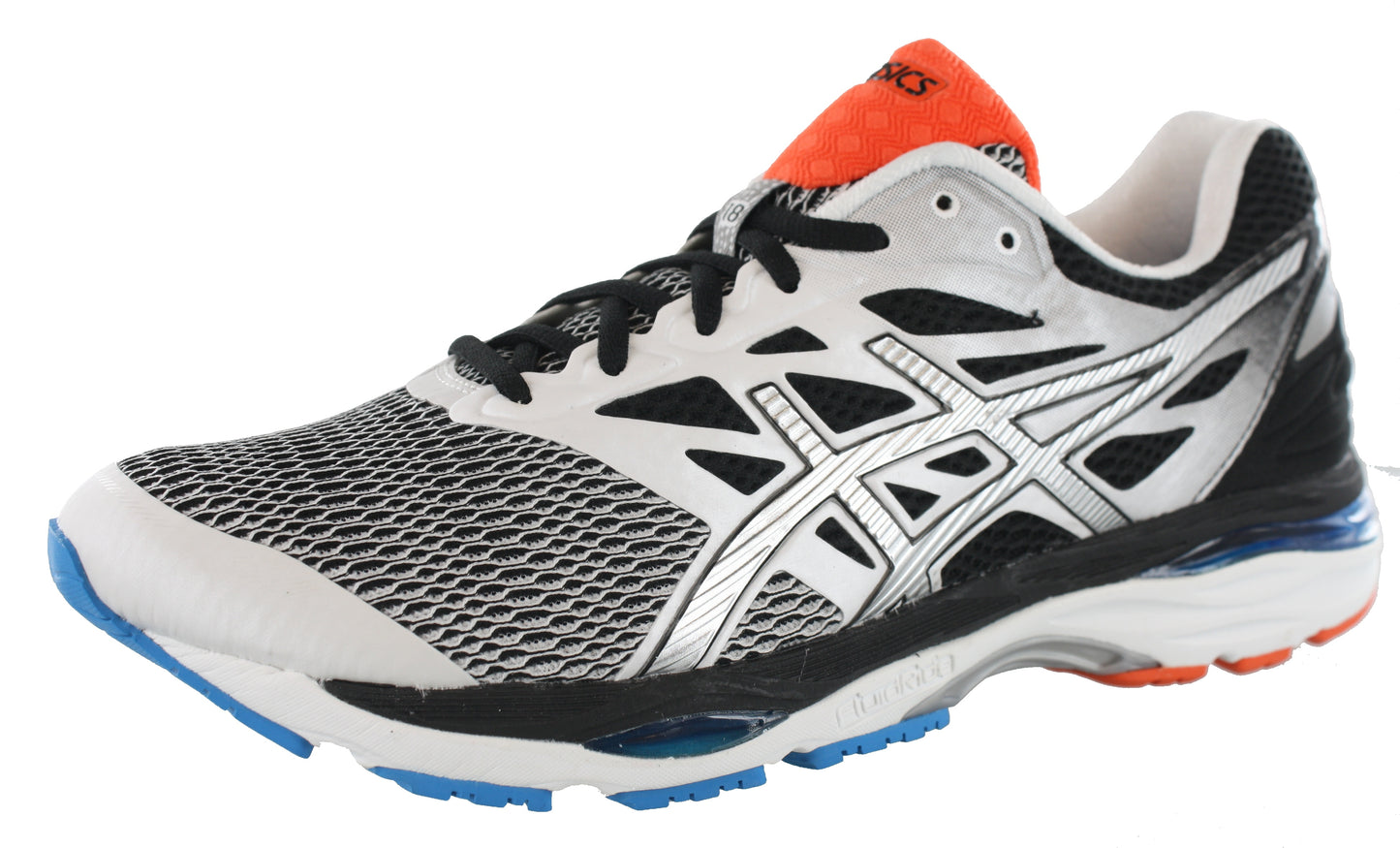 
                  
                    Lateral of White with silver, black, navy and indigo blue accents ASICS Men Walking Trail Cushioned Running Shoes Cumulus 18
                  
                