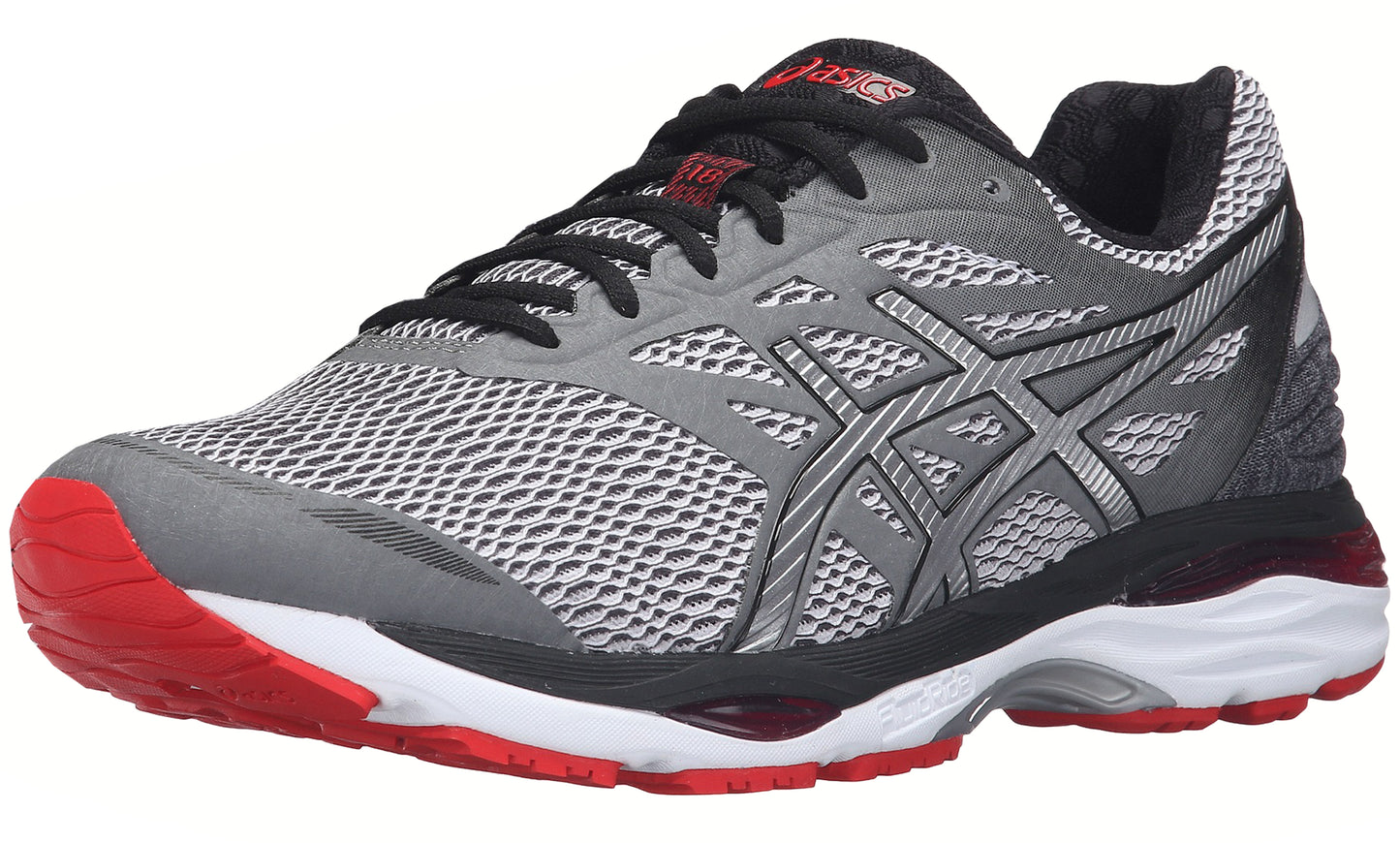 
                  
                    Angled of  of Carbon Grey with Silver Vermilion and Black accents ASICS Men Walking Trail Cushioned Running Shoes Cumulus 18
                  
                