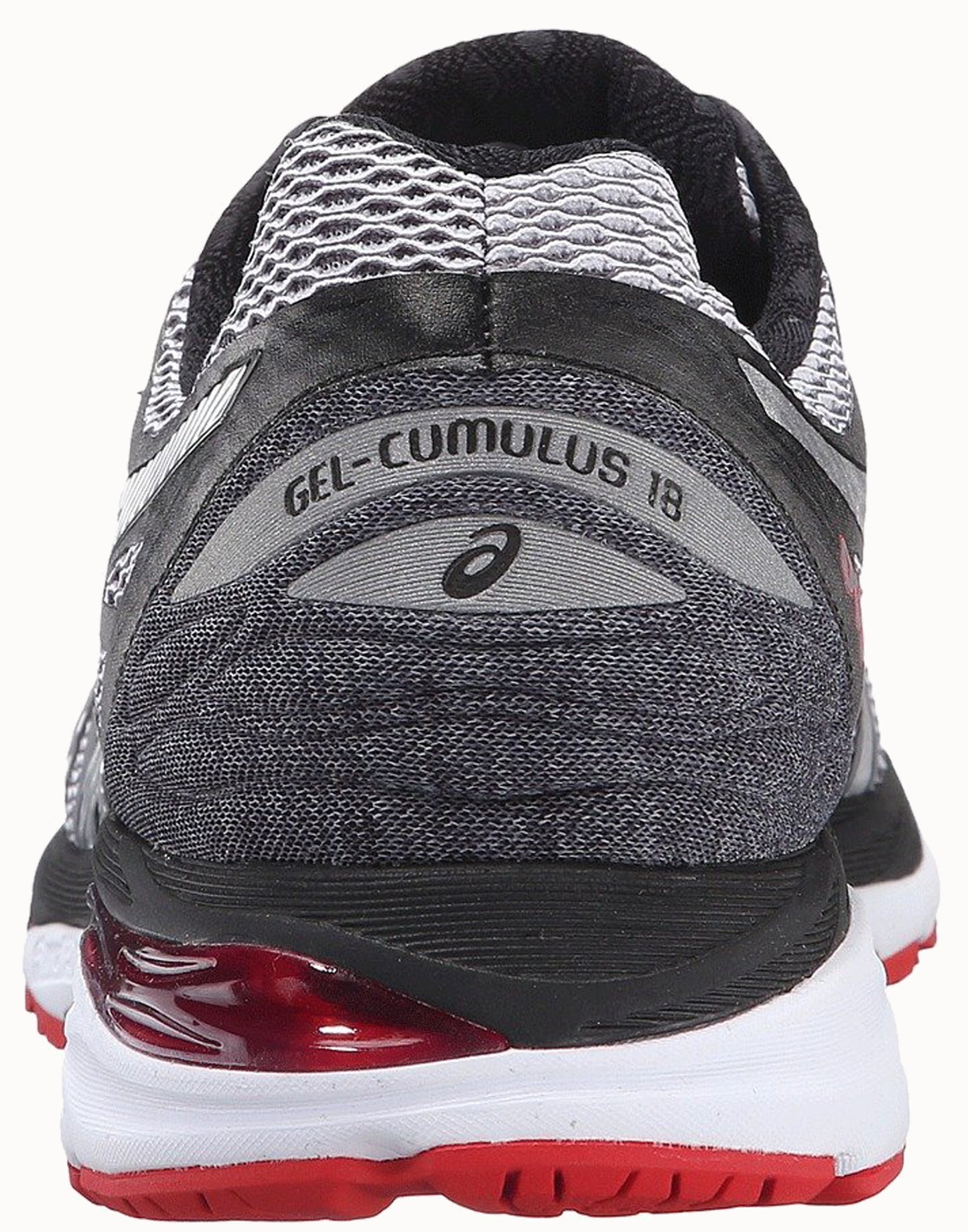 
                  
                    Back of Carbon Grey with Silver Vermilion and Black accents ASICS Men Walking Trail Cushioned Running Shoes Cumulus 18
                  
                