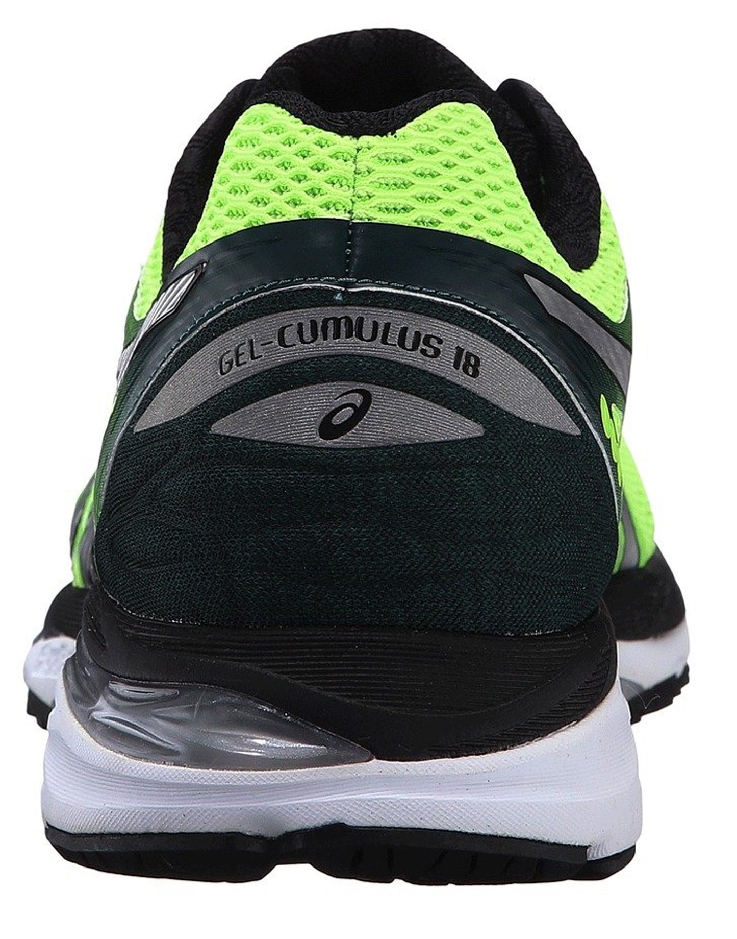 
                  
                    Back of Yellow with green silver and black accents ASICS Men Walking Trail Cushioned Running Shoes Cumulus 18
                  
                
