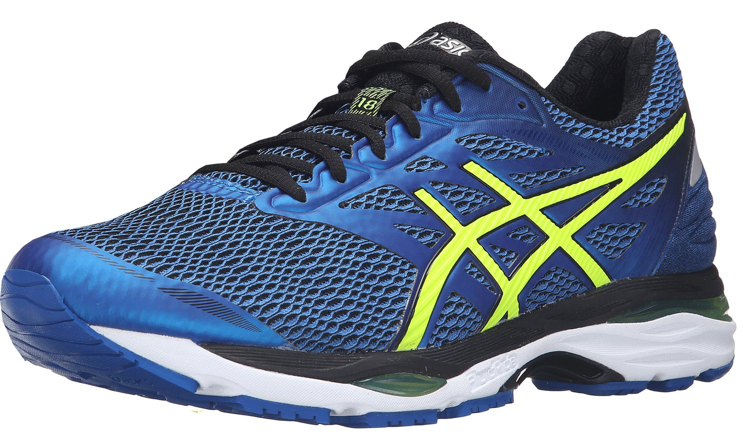 
                  
                    Angled of Imperial Blue with Yellow and Black accents ASICS Men Walking Trail Cushioned Running Shoes Cumulus 18
                  
                