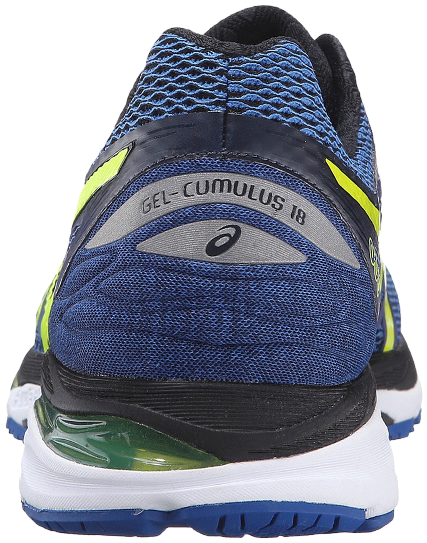 
                  
                    Back of Imperial Blue with Yellow and Black accents ASICS Men Walking Trail Cushioned Running Shoes Cumulus 18
                  
                