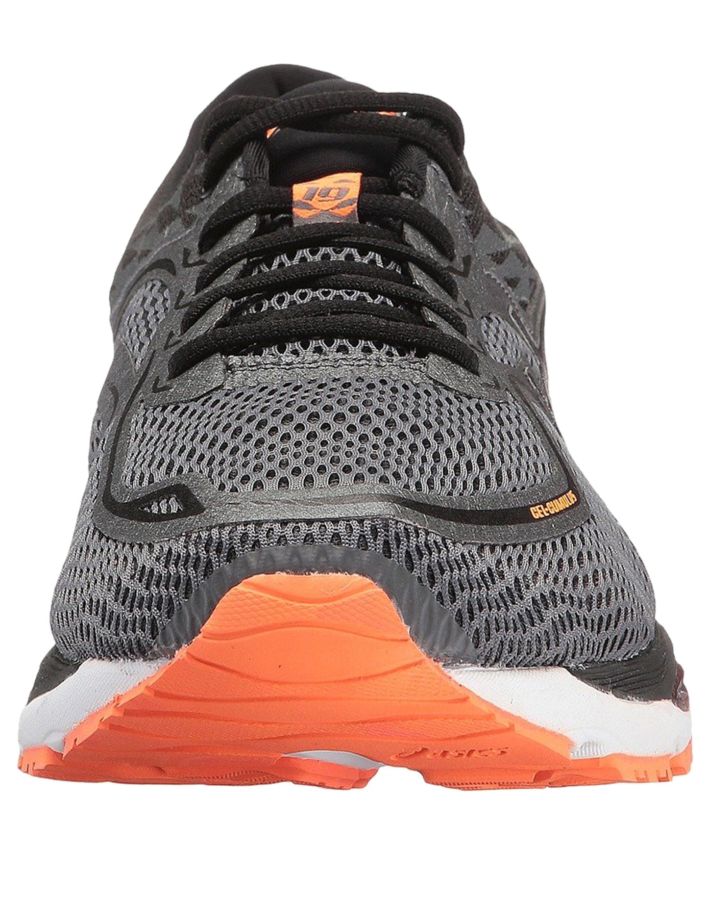 
                  
                    Front of Carbon/Black/Orange ASICS Men Walking Trail Cushioned Running Sneakers Cumulus 19
                  
                