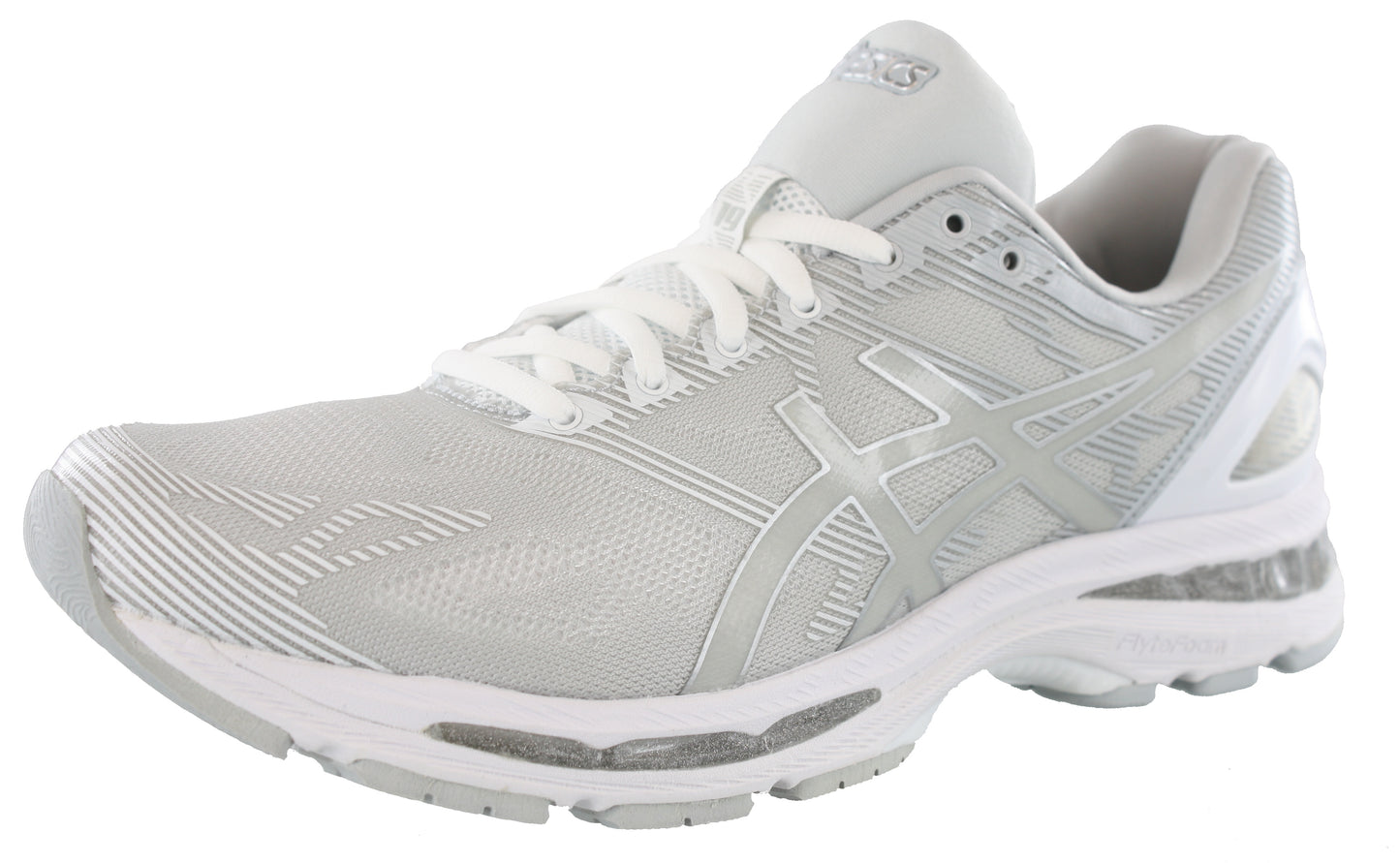 
                  
                    Lateral of White/Grey ASICS Men Walking Trail Cushioned Running Sneakers Gel Nimbus 19
                  
                