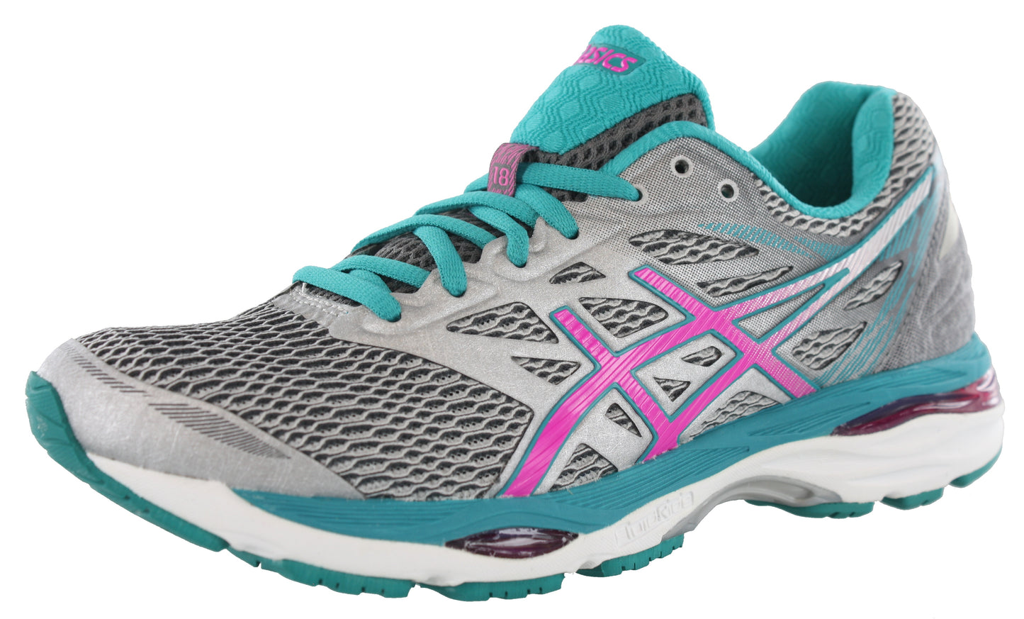 
                  
                    Lateral of Silver/Pink/Aquamarine ASICS Women Walking Trail Cushioned Running Shoes Cumulus 18
                  
                
