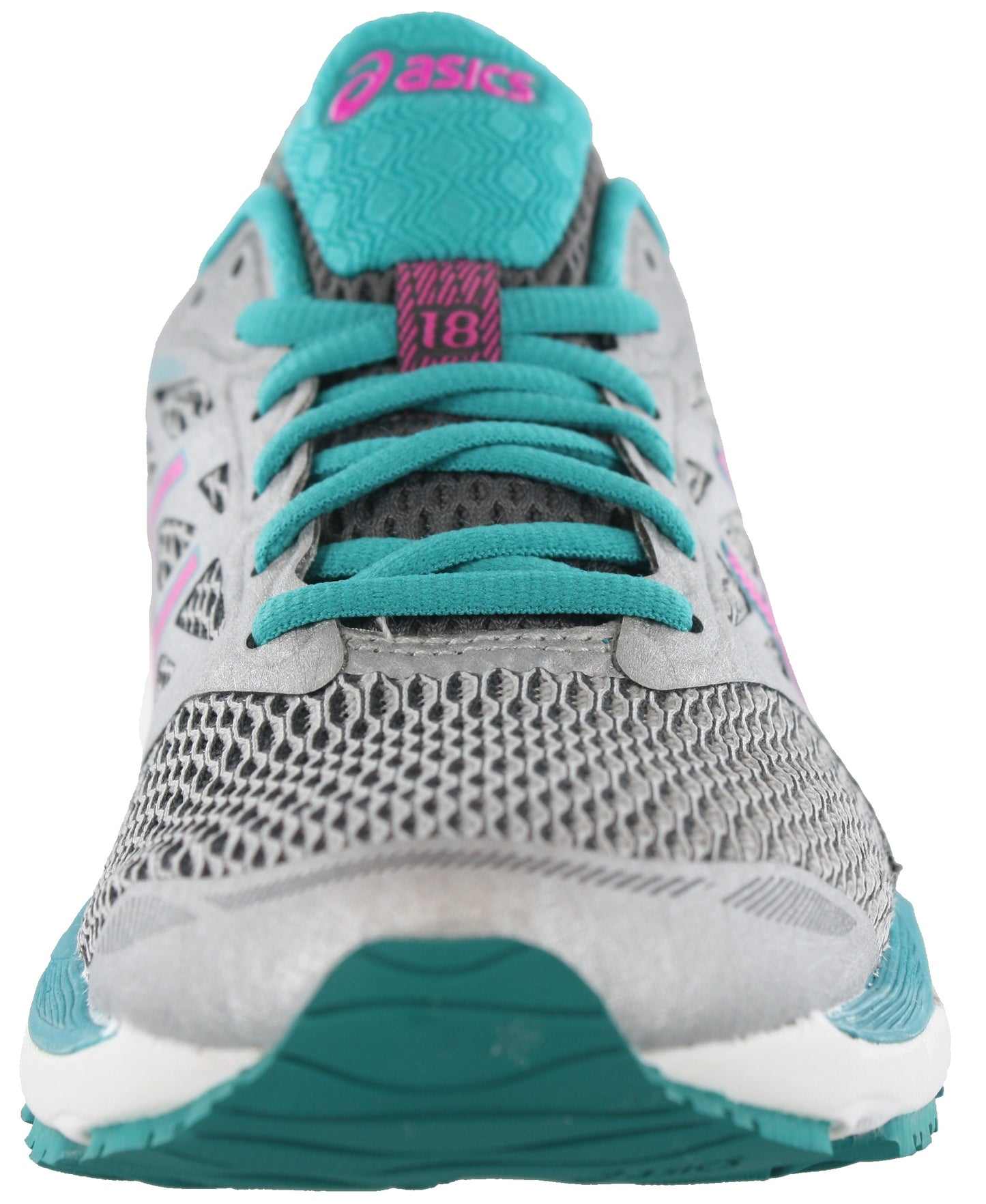 
                  
                    Front of Silver/Pink/Aquamarine ASICS Women Walking Trail Cushioned Running Shoes Cumulus 18
                  
                