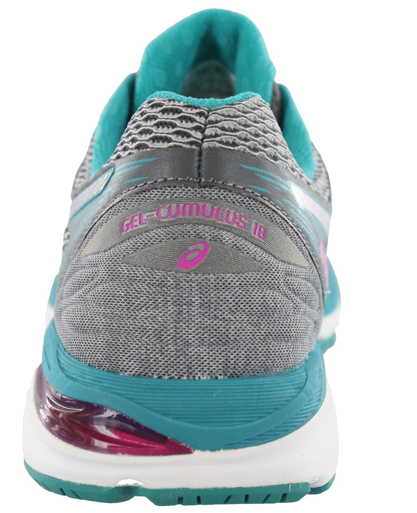 
                  
                    Back of Silver/Pink/Aquamarine ASICS Women Walking Trail Cushioned Running Shoes Cumulus 18
                  
                
