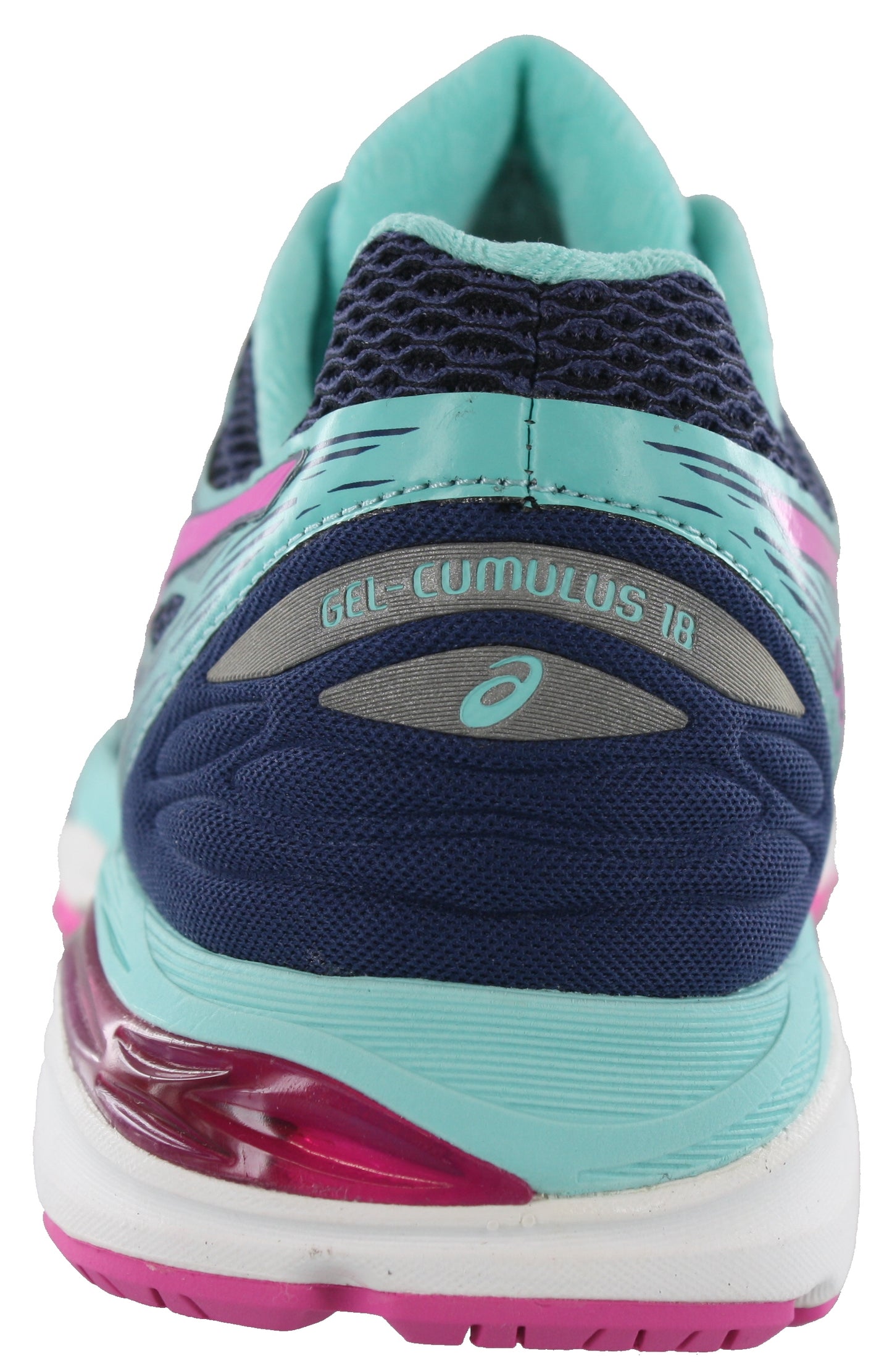 
                  
                    Back of Silver/Pink/Lapis18 ASICS Women Walking Trail Cushioned Running Shoes Cumulus 18
                  
                