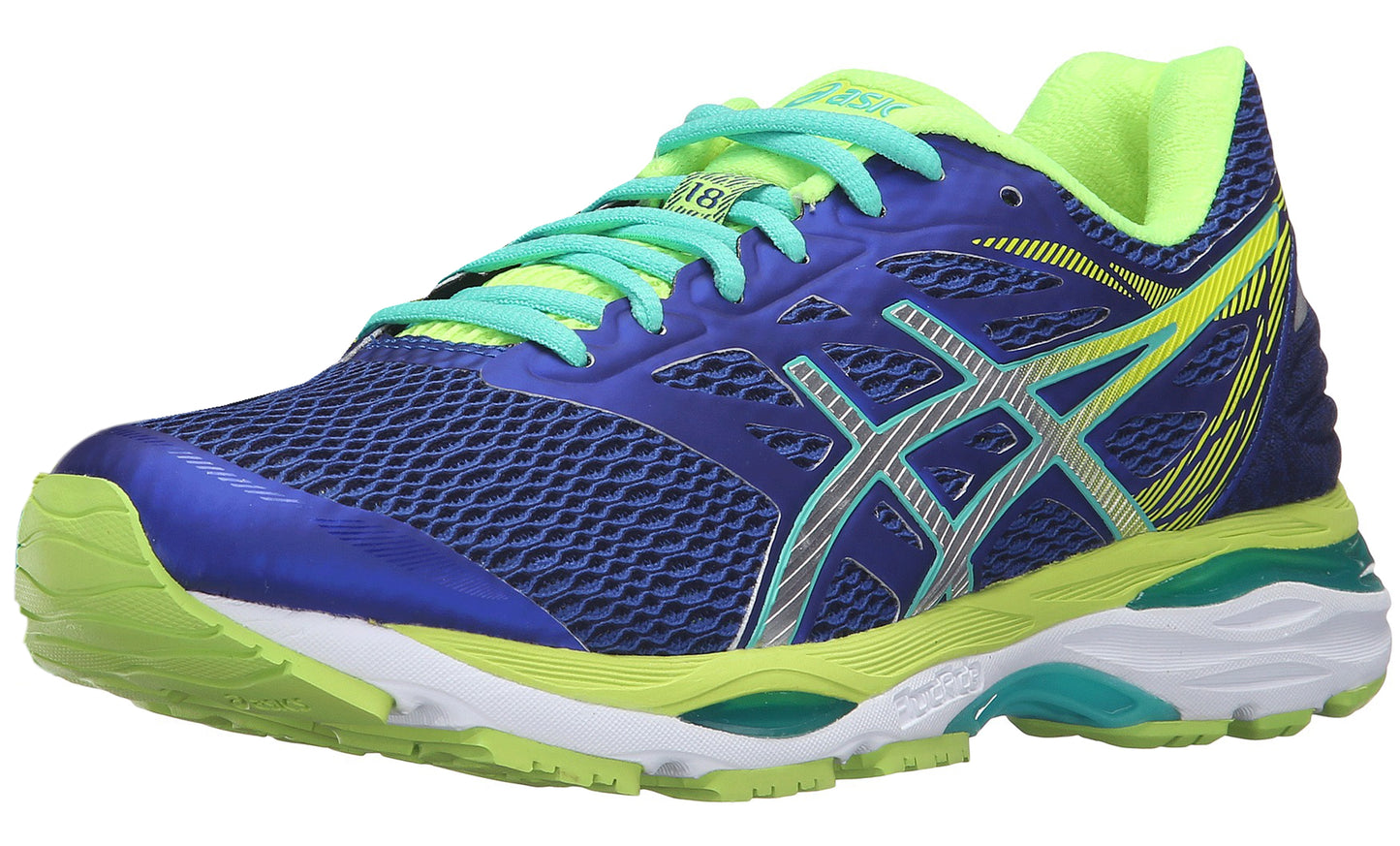
                  
                    Lateral of Imperial Blue with silver and green accents ASICS Women Walking Trail Cushioned Running Shoes Cumulus 18
                  
                