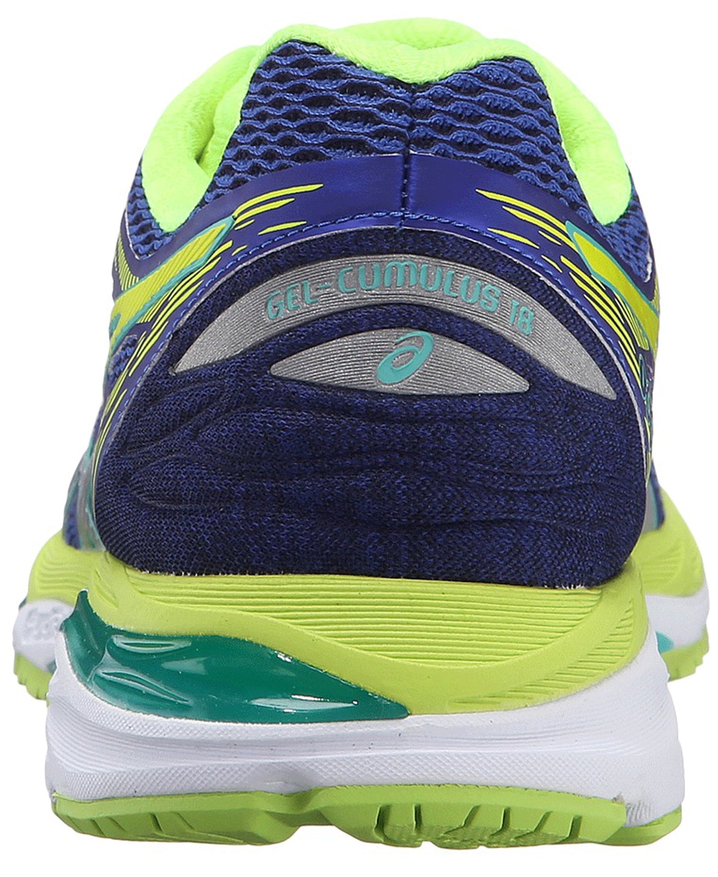 
                  
                    Back of Imperial Blue with silver and green accents ASICS Women Walking Trail Cushioned Running Shoes Cumulus 18
                  
                