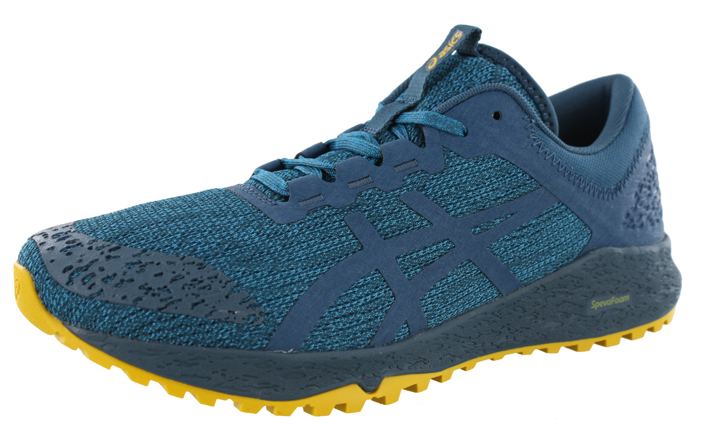 Lateral of Turkish/Ink Blue/Lemon Curry ASICS Men Trail Lightweight Cushioned Running Shoes Alpine XT