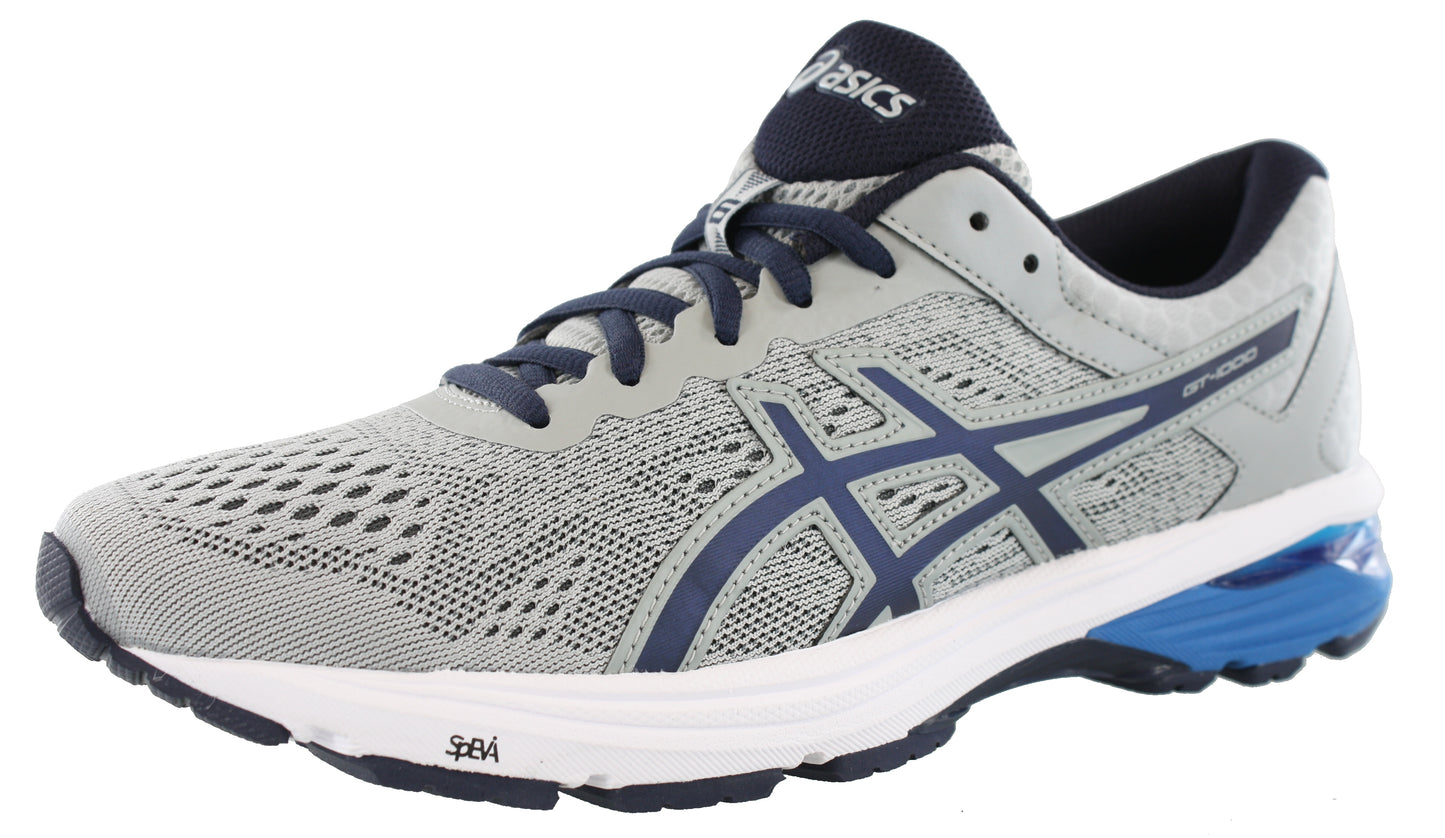 
                  
                    Angled view of MidGrey/Peacoat/Blue ASICS Men Walking Cushioned Running Shoes GT 1000 6
                  
                