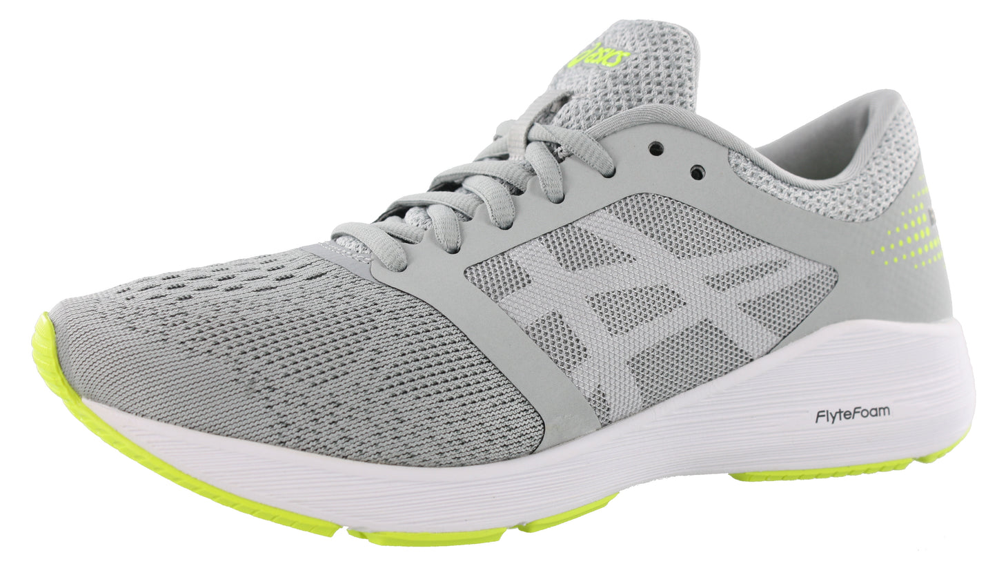 Angled of Mid Grey/White/Yellow ASICS Men Walking Cushioned Running Shoes Roadhawk FF