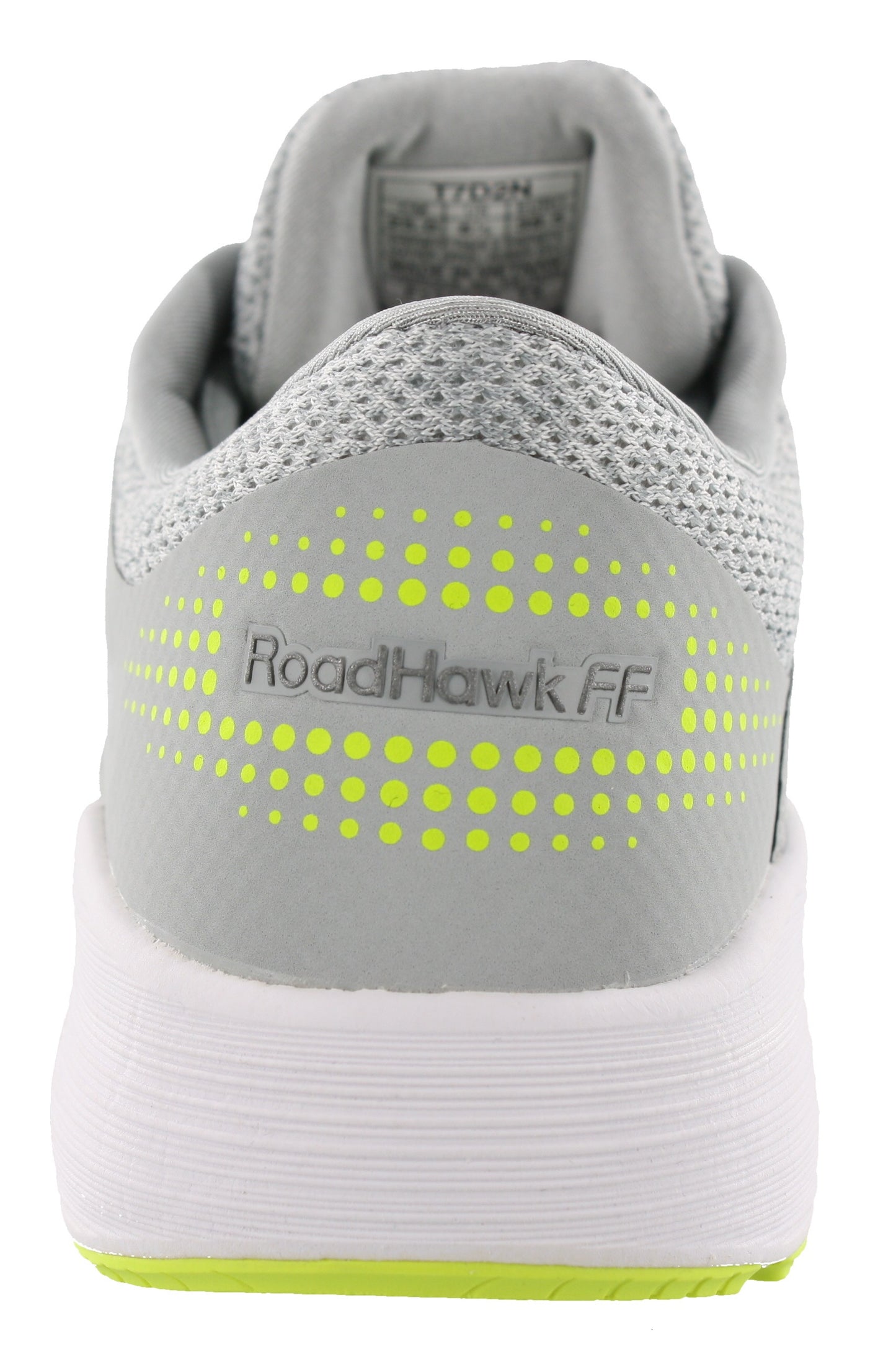 Back of Mid Grey/White/Yellow ASICS Men Walking Cushioned Running Shoes Roadhawk FF
