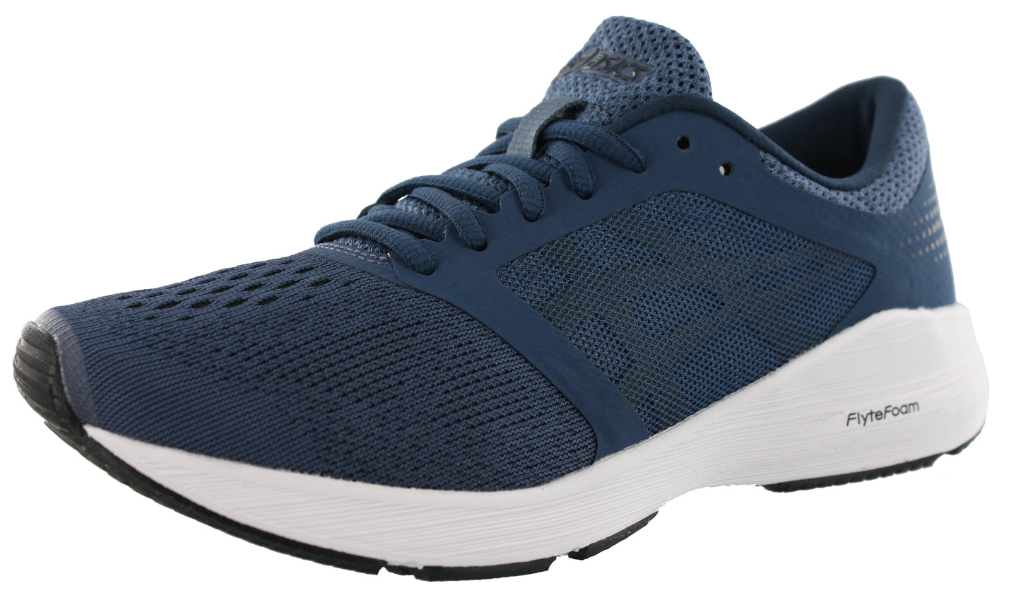 Angled of Dark Blue/Black/White ASICS Men Walking Cushioned Running Shoes Roadhawk FF