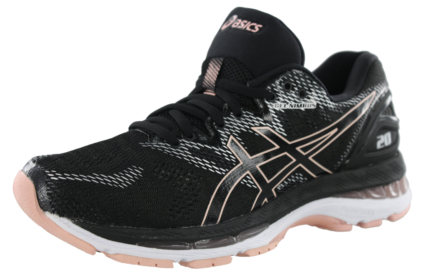 
                  
                    Lateral of Black/Frosted Rose ASICS Women Walking Trail Cushioned Running Shoes Nimbus 20
                  
                