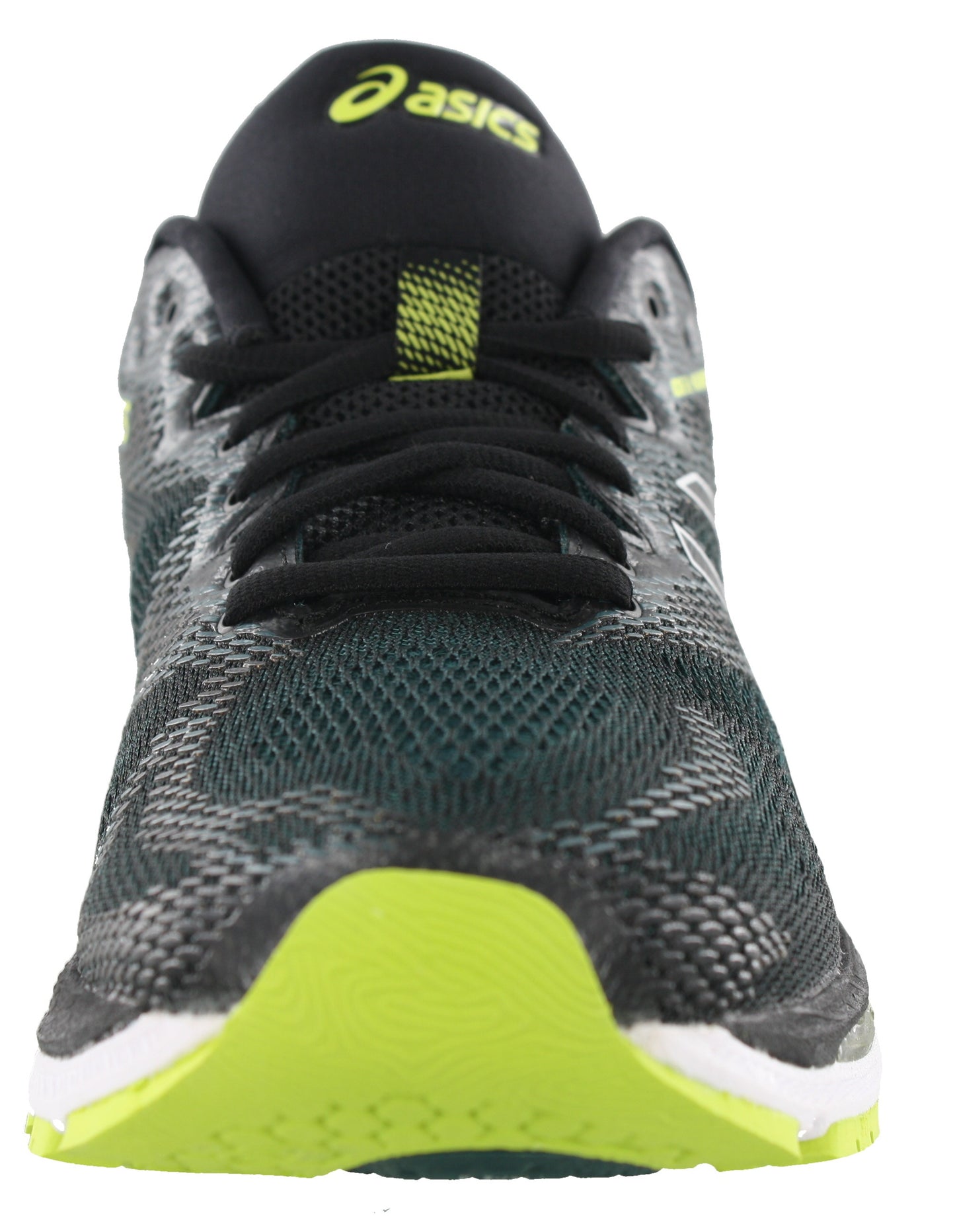 
                  
                    Front of Black with Neon Lime, Forest Green, and White accents ASICS Men Walking Trail Cushioned Running Shoes Gel Nimbus 20
                  
                