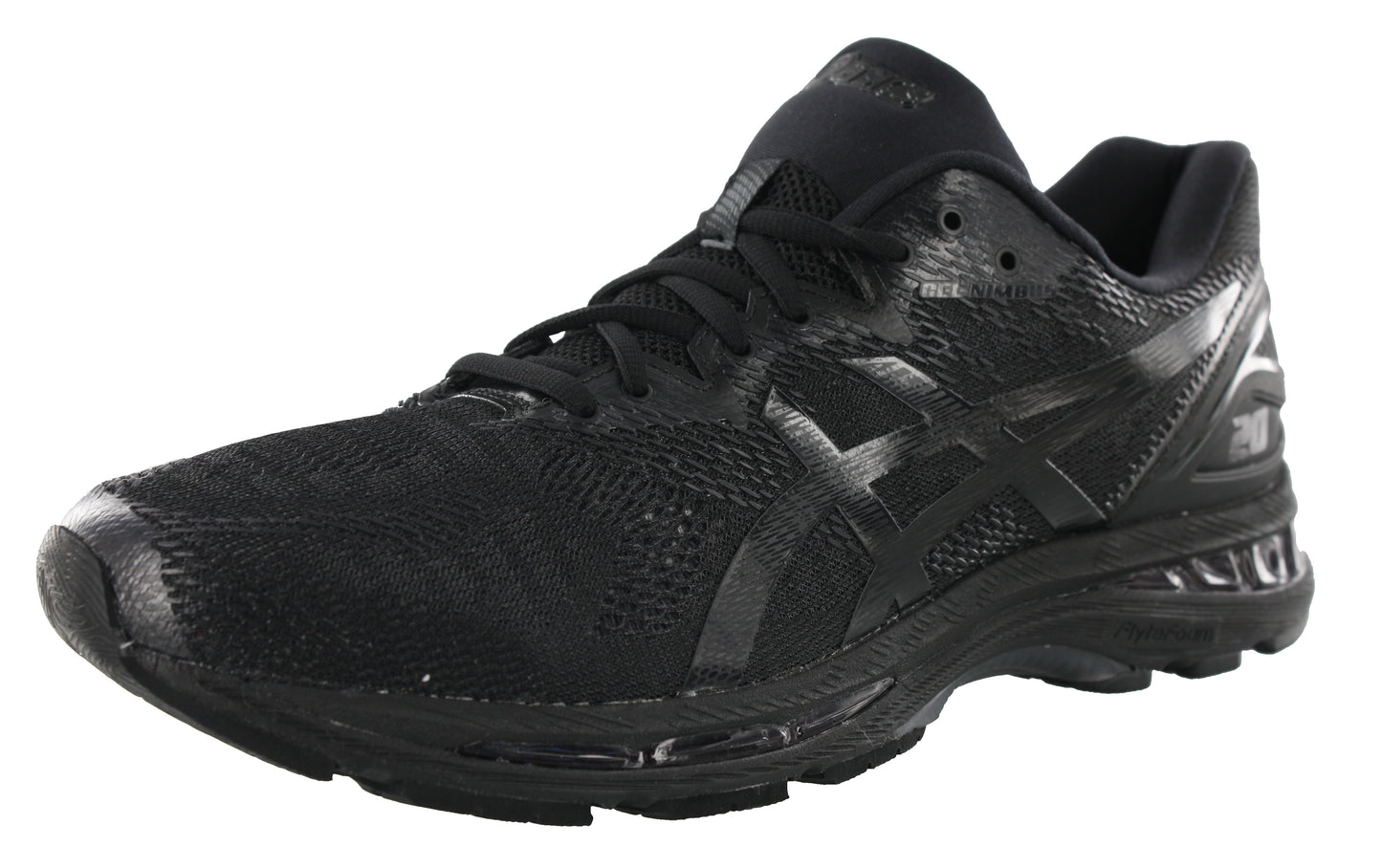 
                  
                    Lateral of all black ASICS Men Walking Trail Cushioned Running Shoes Gel Nimbus 20
                  
                