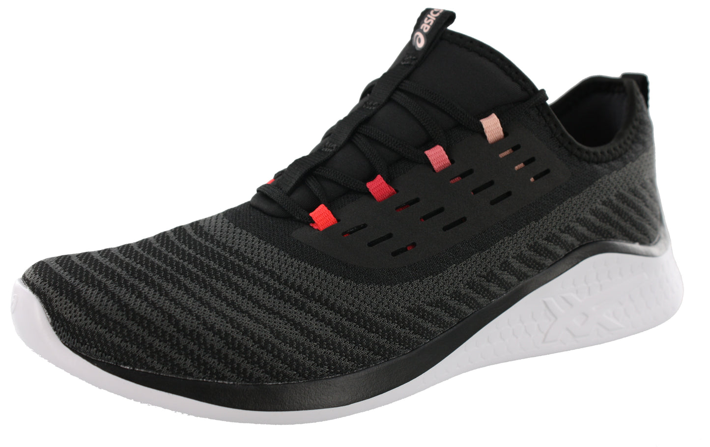 Angled of Black and Frosted Rose ASICS Fuzetora Twist Lightweight Walking Shoes