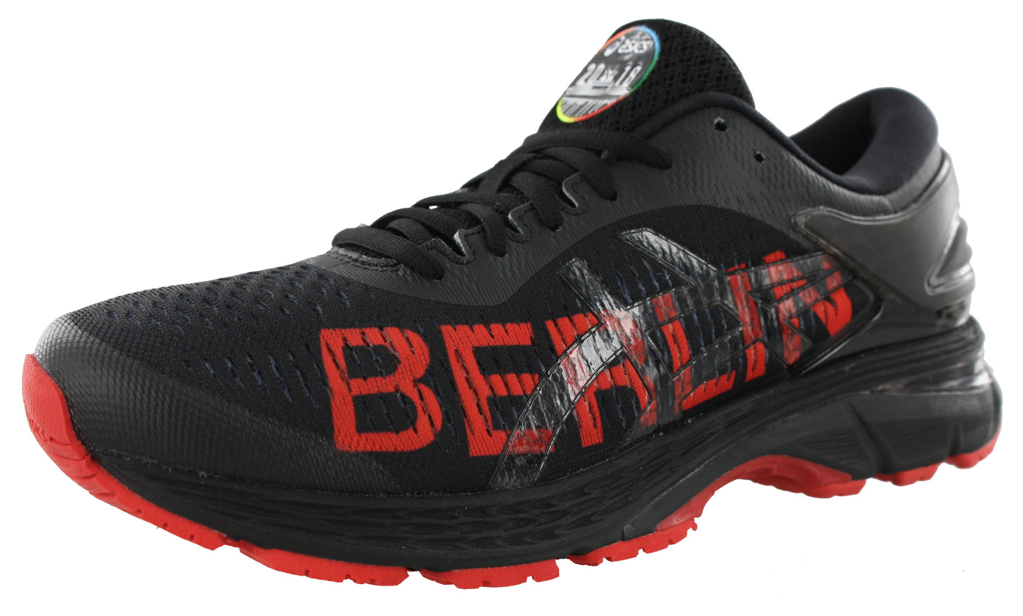 Lateral of Berlin Black/Classic Red ASICS Kayano 25 Berlin Men's Light Running Shoes