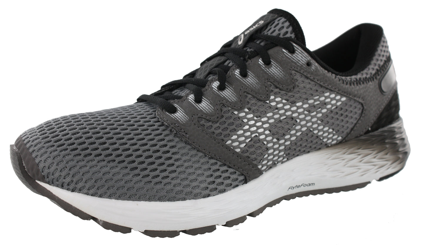 Angled of Carbon Grey with White and Black accents ASICS Men Walking Cushioned Running Shoes Roadhawk FF 2