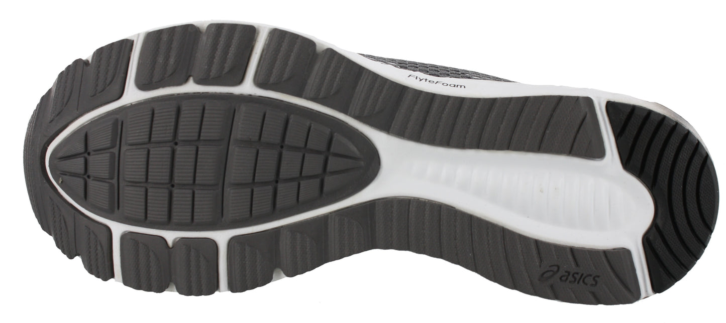 Black and White sole of Carbon Grey with White and Black accents ASICS Men Walking Cushioned Running Shoes Roadhawk FF 2